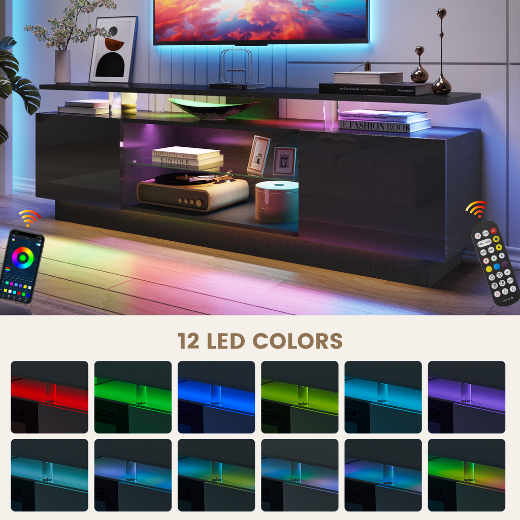 Nordivale 70” High-Glossy TV Stand with 2 Side Cabinets, Modern Stylish TV Console with 3 Layer LED Lights,Gaming TV Media Console with Adjustable Glass Shelf, Remote&APP Control, Black