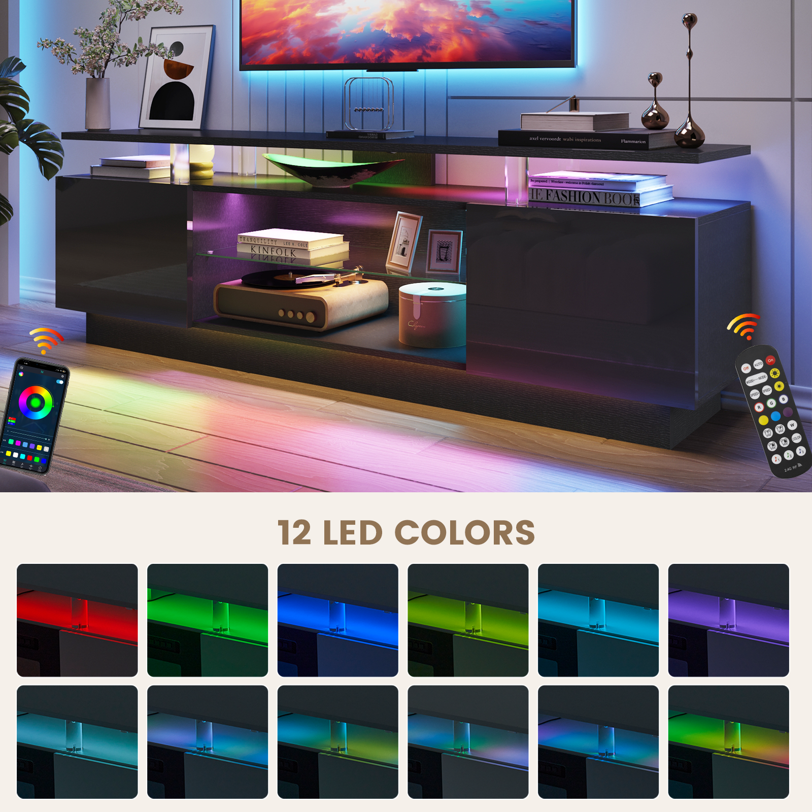 Nordivale 70” High-Glossy TV Stand with 2 Side Cabinets, Modern Stylish TV Console with 3 Layer LED Lights,Gaming TV Media Console with Adjustable Glass Shelf, Remote&APP Control, Black