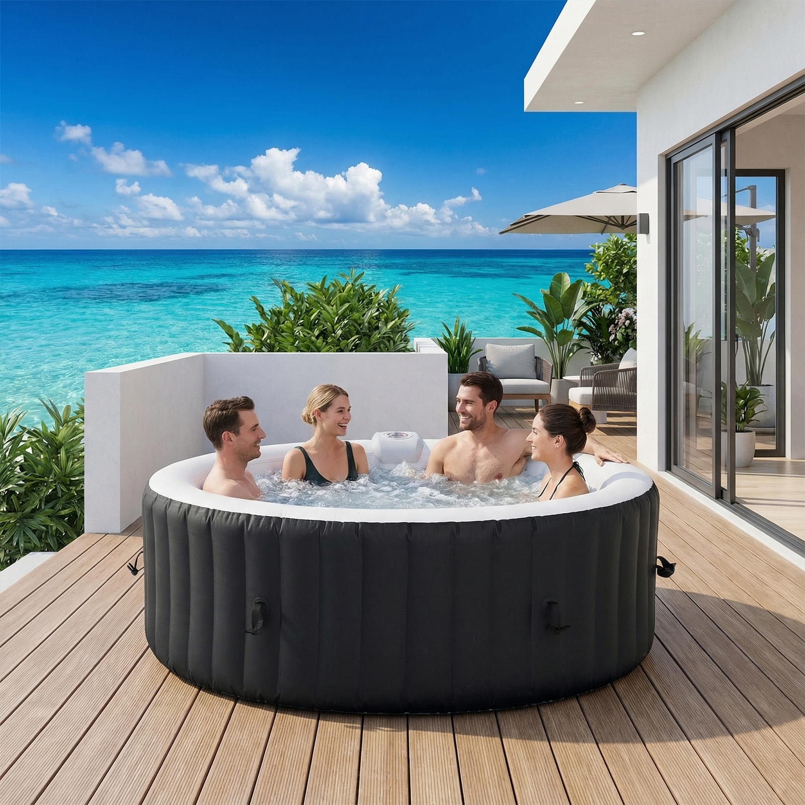 SunSwell 71" Inflatable Hot Tub, Round Portable Outdoor Spa with 120 Soothing Air Jets, Heater Pump, Insulated Cover and Filter System, Leak-Proof PVC Blow Up Hot Tub for Backyard, 4 Person, Black