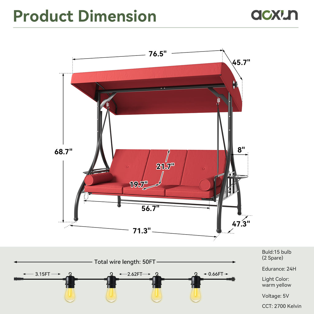 Aoxun Outdoor Porch Swing with Stand and Canopy, 3 Seats Outdoor Swings for Adults, Convertible 2 in 1 Swing Bed with Cup Holder, Patio Swings with Thicken Cushions for Garden, Yard & Balcony