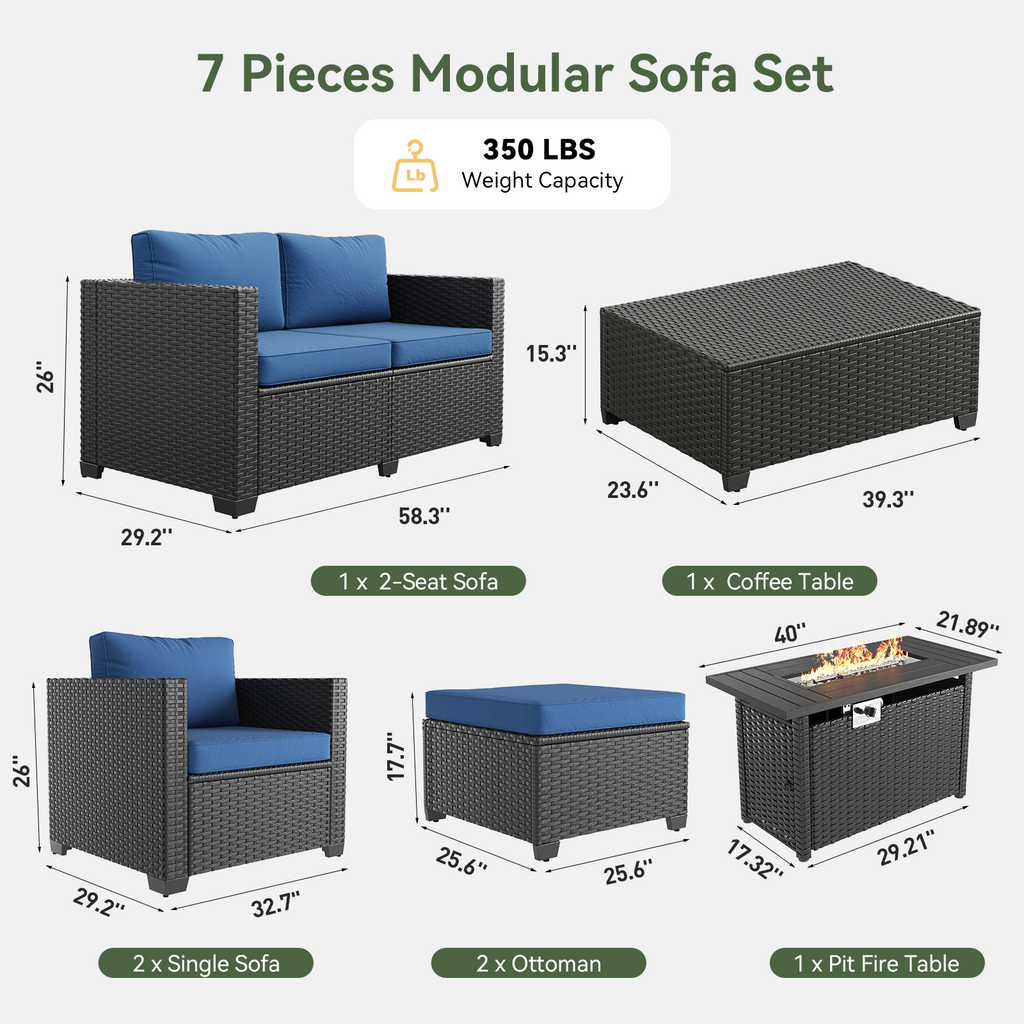Aoxun Patio Furniture Set with Fire Pit Table, 6 Seats Outdoor Furniture Set with Wicker Ottomans, Rattan Outdoor Sectional Sofa with Thickened Cushion & Waterproof Cover Navy Blue
