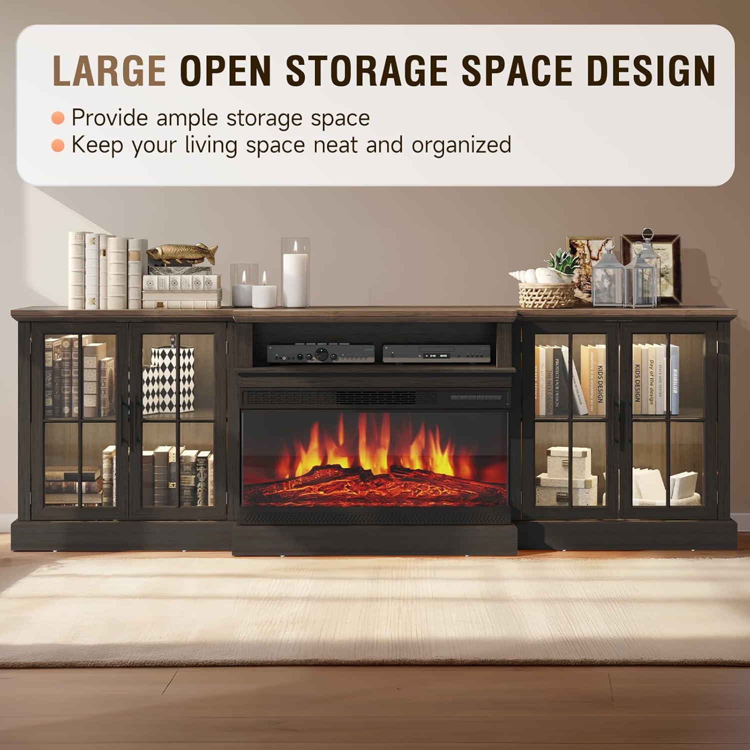 Breezestival 98" Farmhouse TV Stand with 36" Fireplace for Living Room,Media Entertainment Center with Adjustable Shelves and Large Storage Cabinets, TVs up to 100", Black