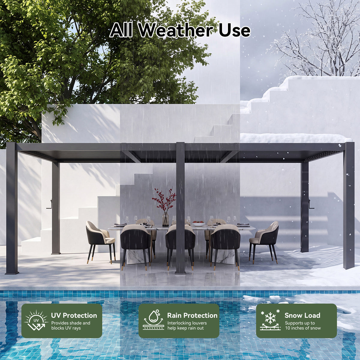 Aoxun Louvered Pergola 10x20, 3.8" x 3.8" Thickened Posts, Power Outlet With Adjustable Roofs, Built-in Drainage System and Patented Easy-Assembly Design for Patios, Backyards and Gardens, Gray