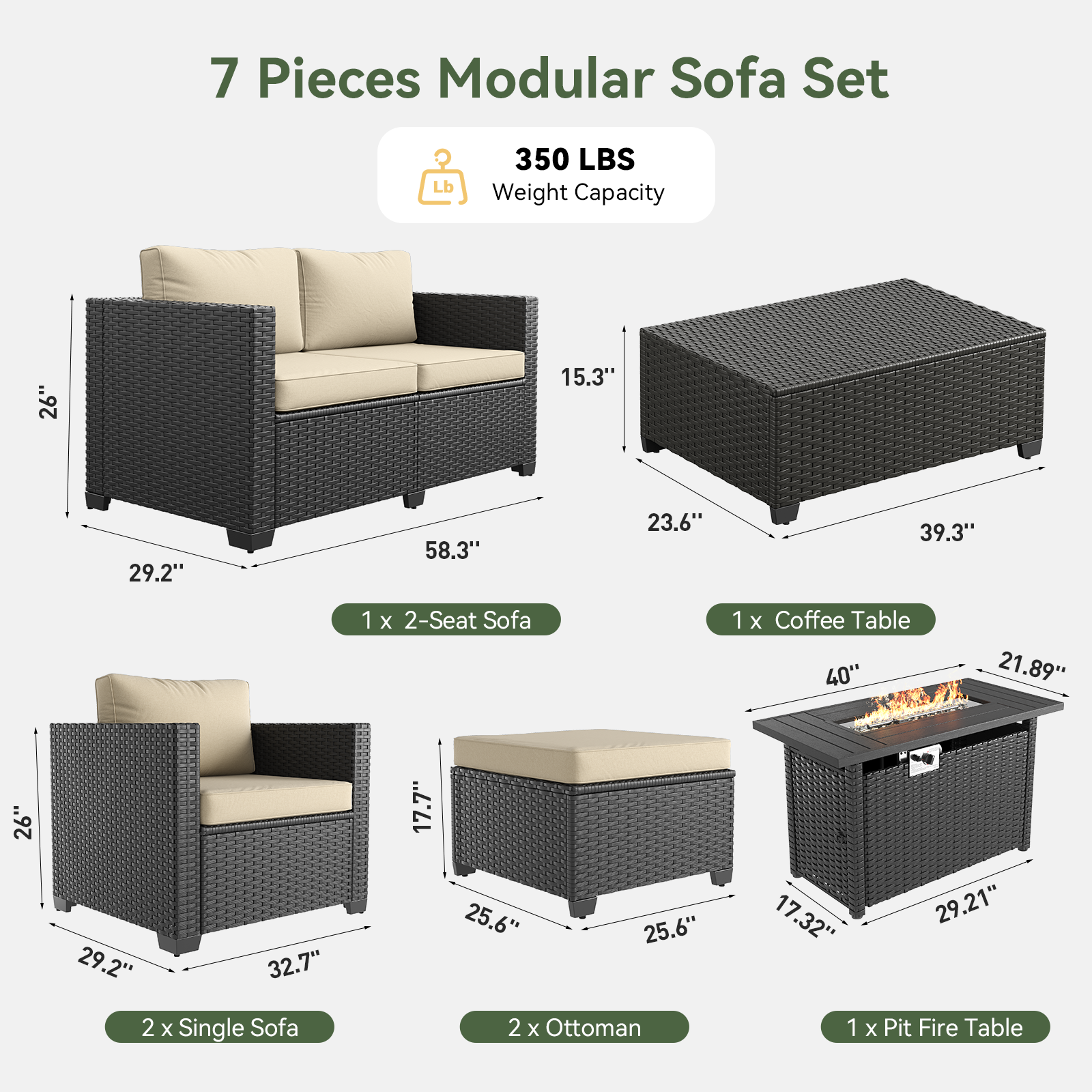 Aoxun Patio Furniture Set with Fire Pit Table, 6 Seats Outdoor Furniture Set with Wicker Ottomans, Rattan Outdoor Sectional Sofa with Thickened Cushion & Waterproof Cover Navy Blue