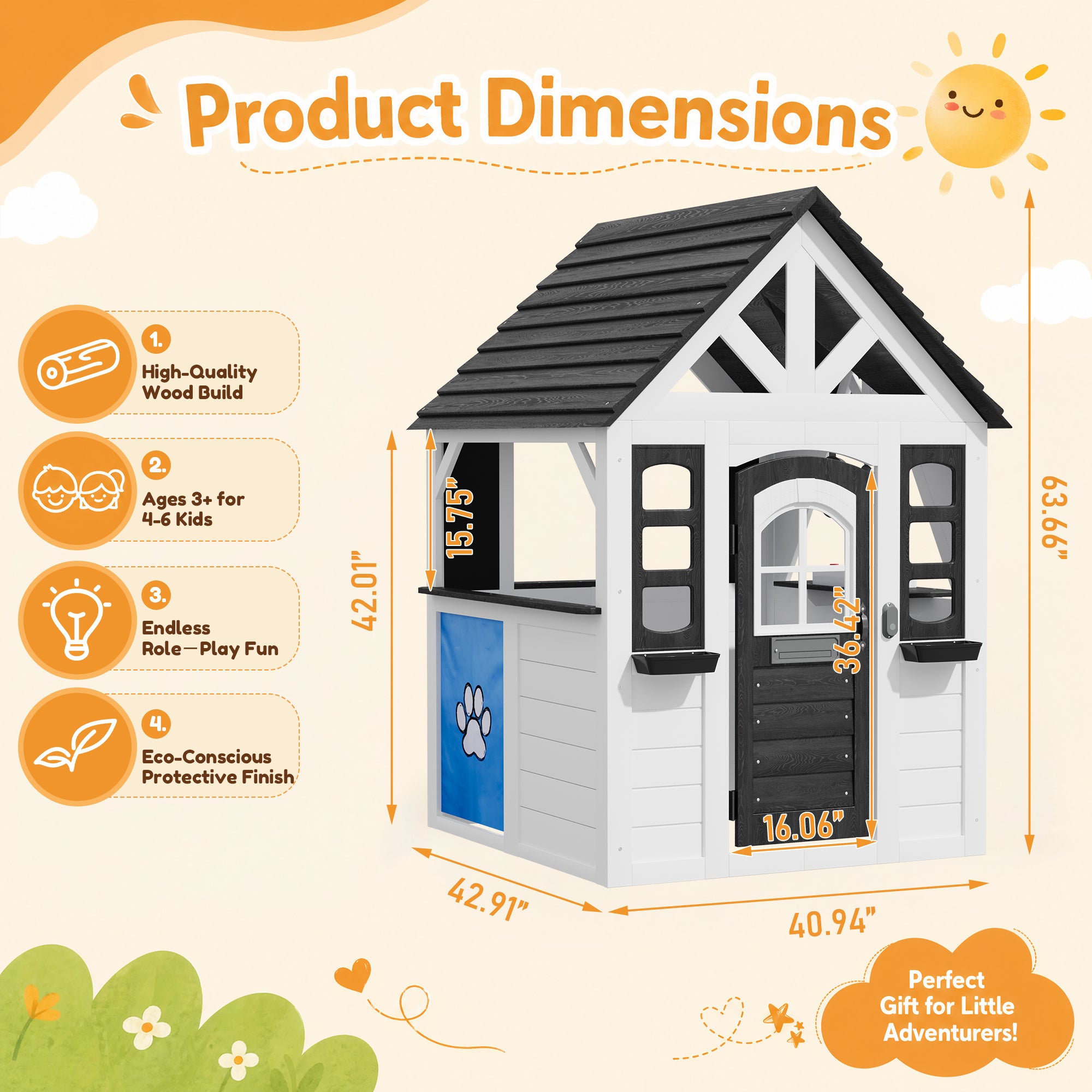 Aoxun Kids Outdoor Playhouse with Play Kitchen,Wooden Play House Playset Outdoor for Kids with Pet Door,Snack Bar,Doorbell, Flower Pots,Stove,Sink,Clock,Toddler Outside Playground for Garden,Backyard