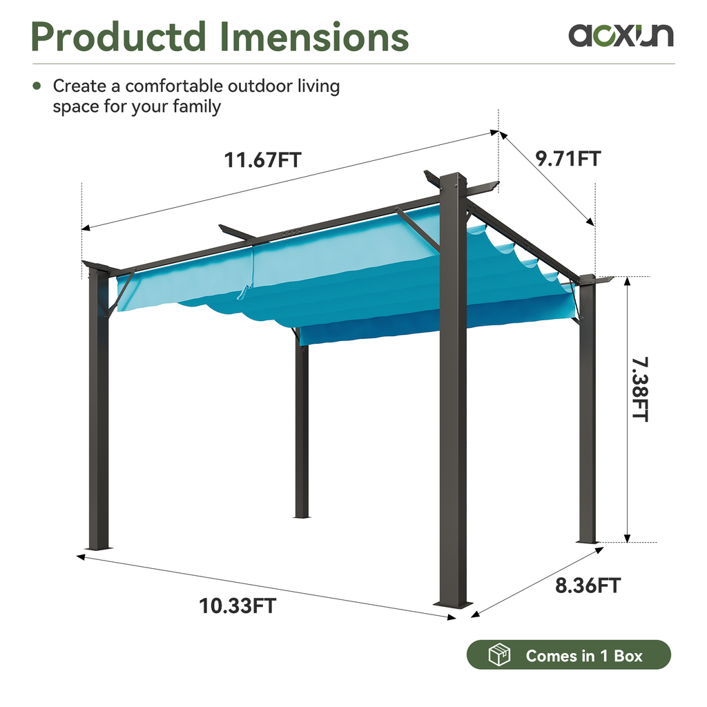 Aoxun 10x12 Outdoor Retractable Pergola with Upgraded Adjustable Canopy, Sliding Canopy | Powder-Coated Metal Frame | UV/Water-Resistant PA Canopy | Free-Standing Design | Blue