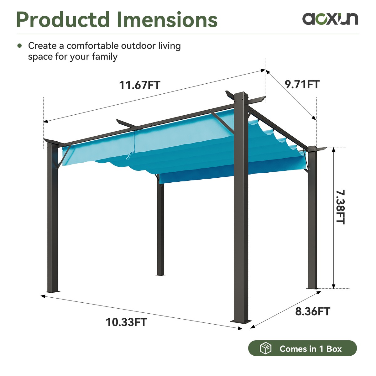 Aoxun 10x12 Outdoor Retractable Pergola with Upgraded Adjustable Canopy, Sliding Canopy | Powder-Coated Metal Frame | UV/Water-Resistant PA Canopy | Free-Standing Design | Blue