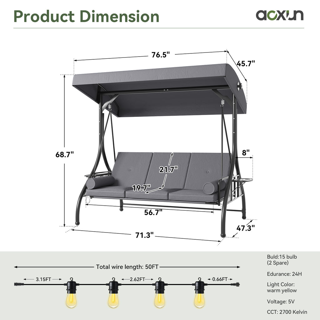 Aoxun Outdoor Porch Swing with Stand and Canopy, 3 Seats Outdoor Swings for Adults, Convertible 2 in 1 Swing Bed with Cup Holder, Patio Swings with Thicken Cushions for Garden, Yard & Balcony