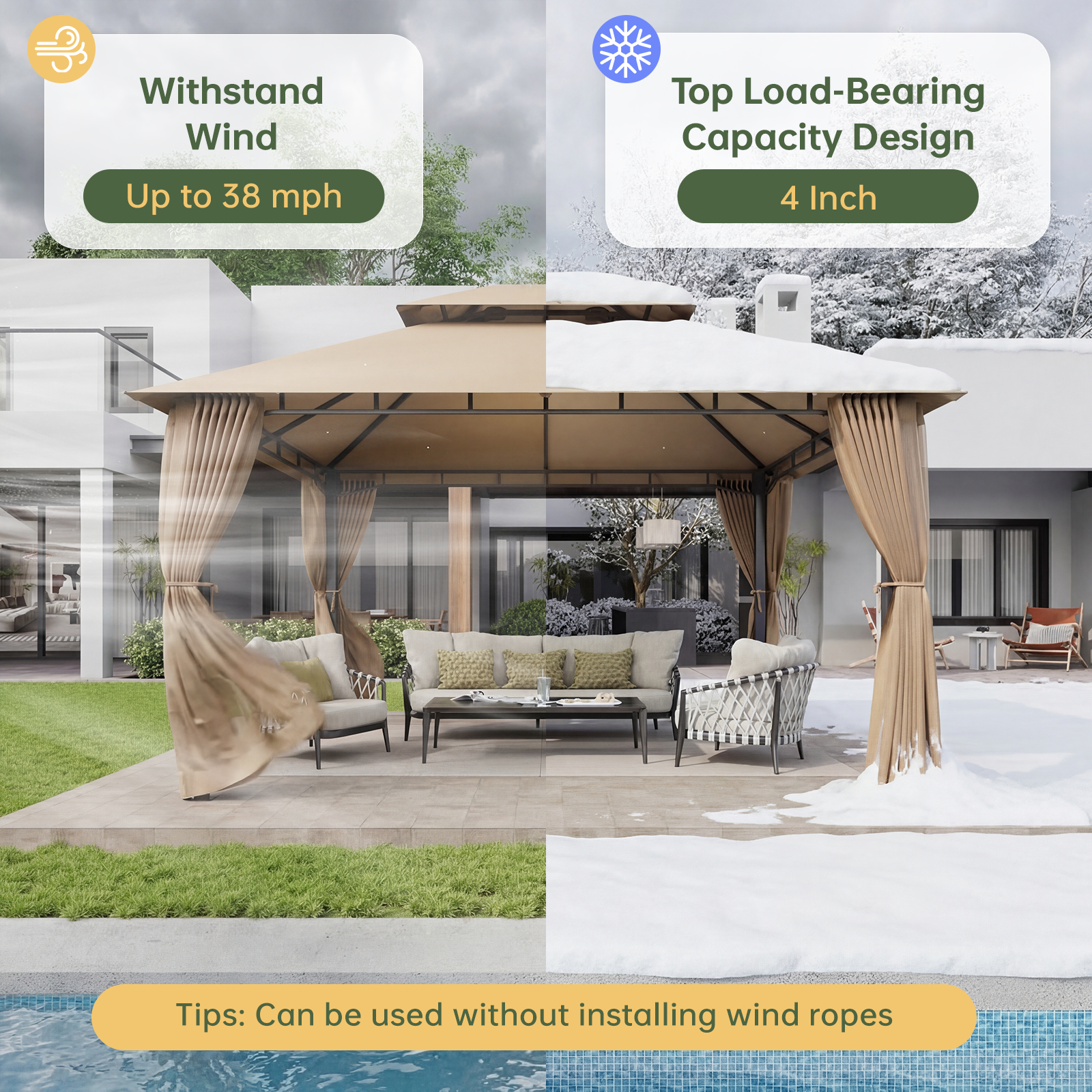 Aoxun 12x10 Gazebo with Double Roof & Mosquito Netting Outdoor Heavy-Duty Party Tent, Patio Tent with Zipper Screens - Backyard Garden Lawn Shelter Includes Wind Ropes Expansion Bolts, Gray
