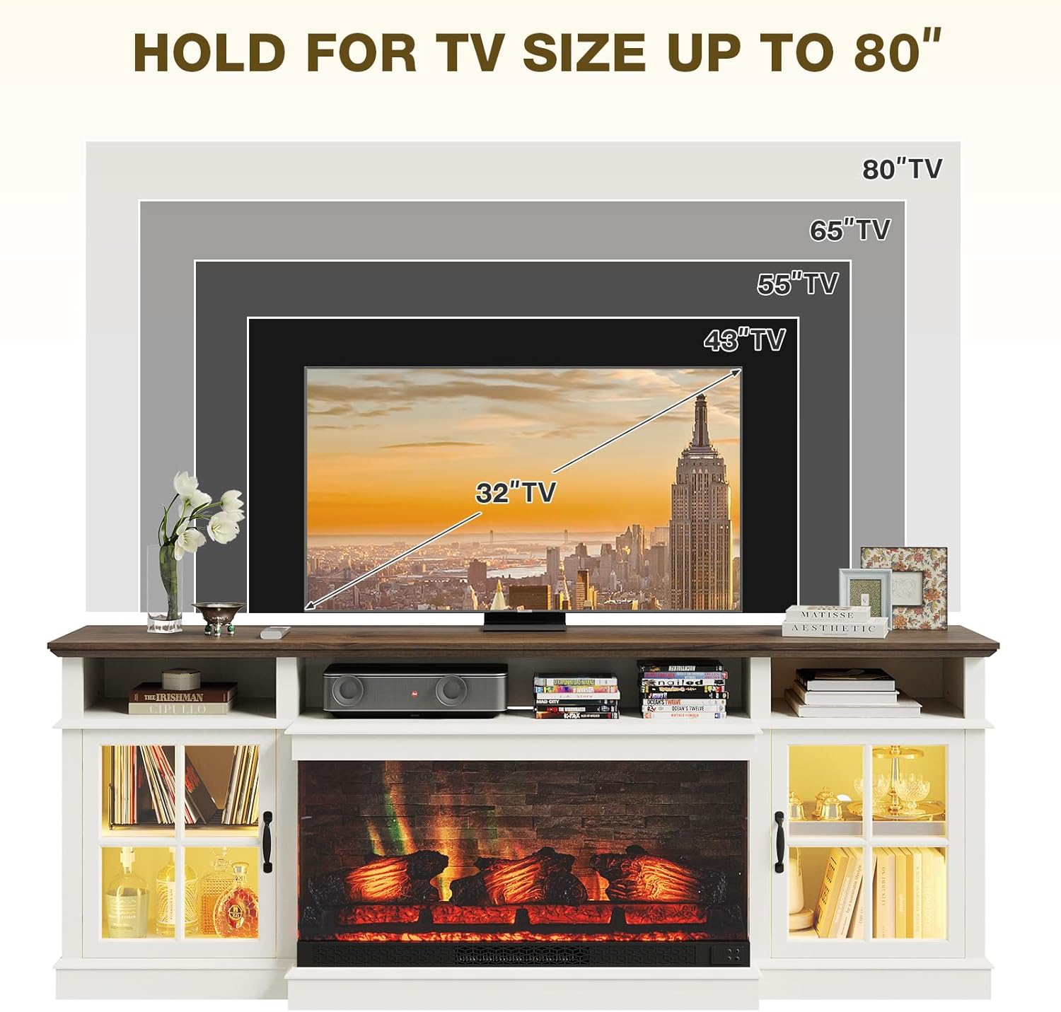 Breezestival 70" Fireplace TV Stand, Farmhouse TV Stand for TVs up to 80” with LED Lights, Media Entertainment Center with Glass Door for Living Room, White