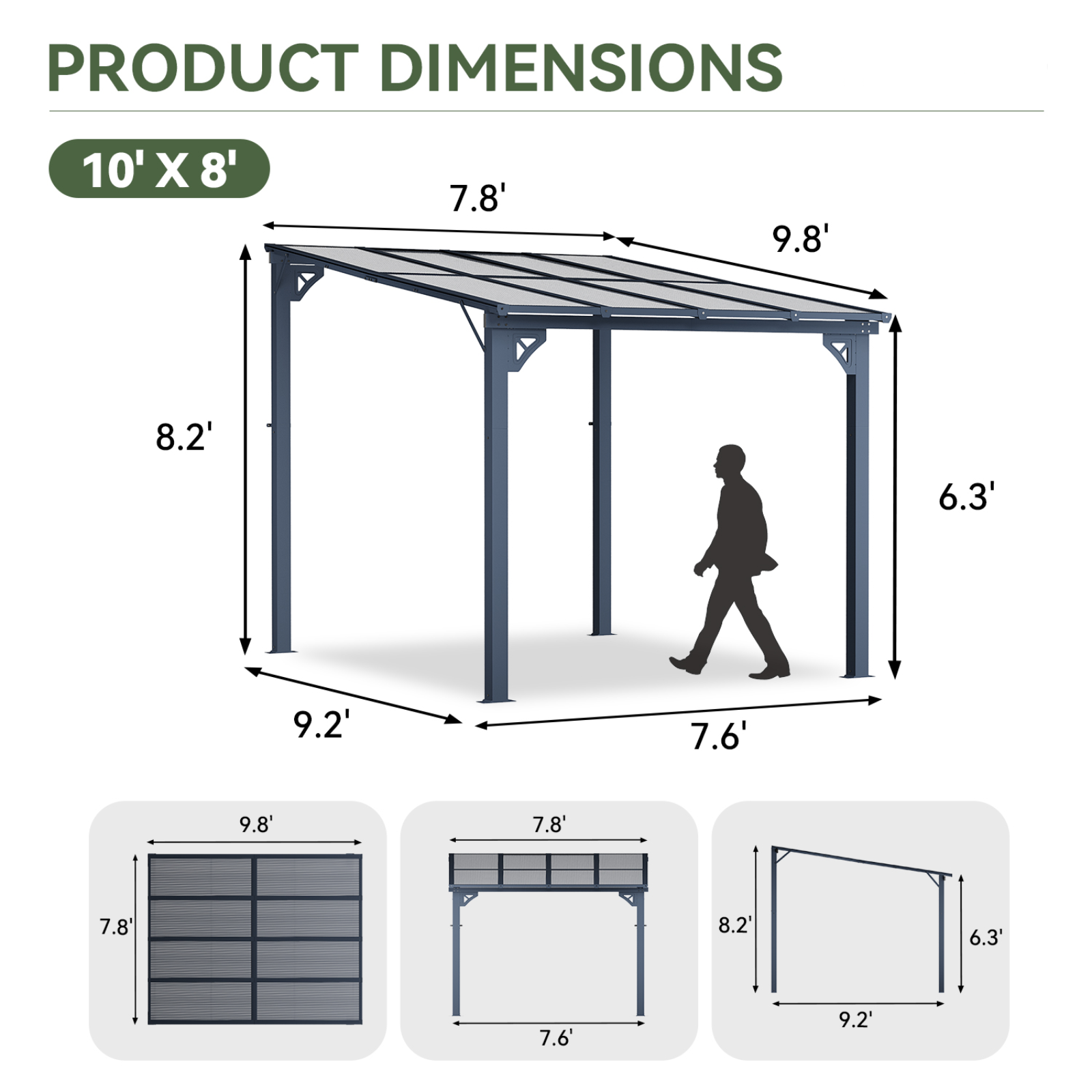 BinpLax 8x10 Lean to Gazebo with Polycarbonate Panel Wall Mounted Gazebo with Aluminum Top Frame Awing for Patio, Deck, Garden