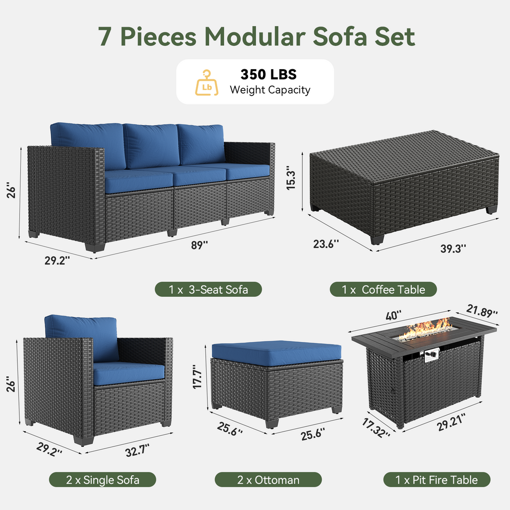 Aoxun Patio Furniture Set with Fire Pit Table, 6 Seats Outdoor Furniture Set with Wicker Ottomans, Rattan Outdoor Sectional Sofa with Thickened Cushion & Waterproof Cover Navy Blue