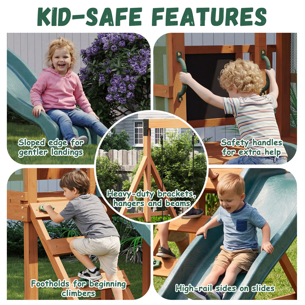 Binplax Wooden Swing Sets for Backyard,Outdoor Playset, Kids Playground Set with 6 FT Wave Slide, Rock Wall Ladder, 2 Belt Swings, Chalkboard, Canopy Roof, Green