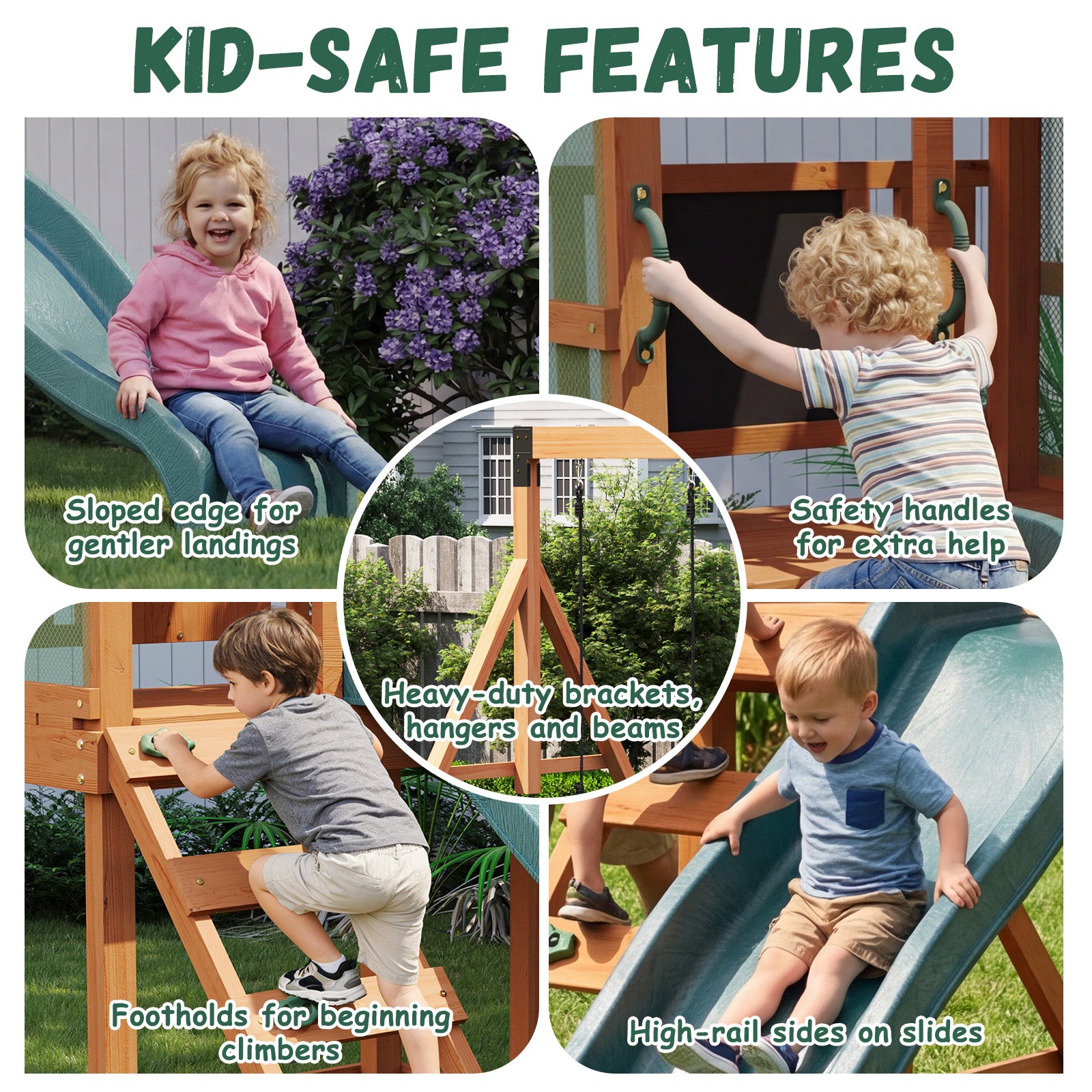 Binplax Wooden Swing Sets for Backyard,Outdoor Playset, Kids Playground Set with 6 FT Wave Slide, Rock Wall Ladder, 2 Belt Swings, Chalkboard, Canopy Roof, Green
