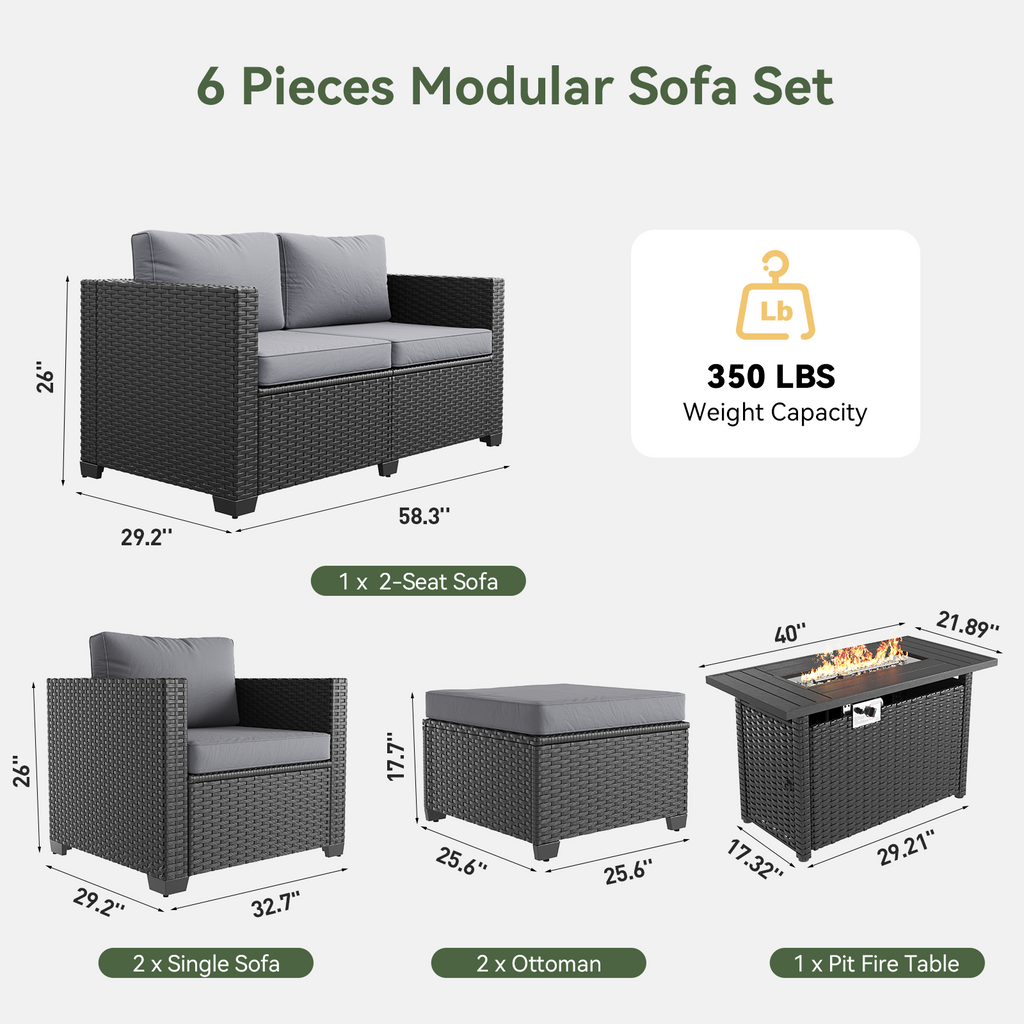 Aoxun Patio Furniture Set with Fire Pit Table, 6 Seats Outdoor Furniture Set with Wicker Ottomans, Rattan Outdoor Sectional Sofa with Thickened Cushion & Waterproof Cover Navy Blue