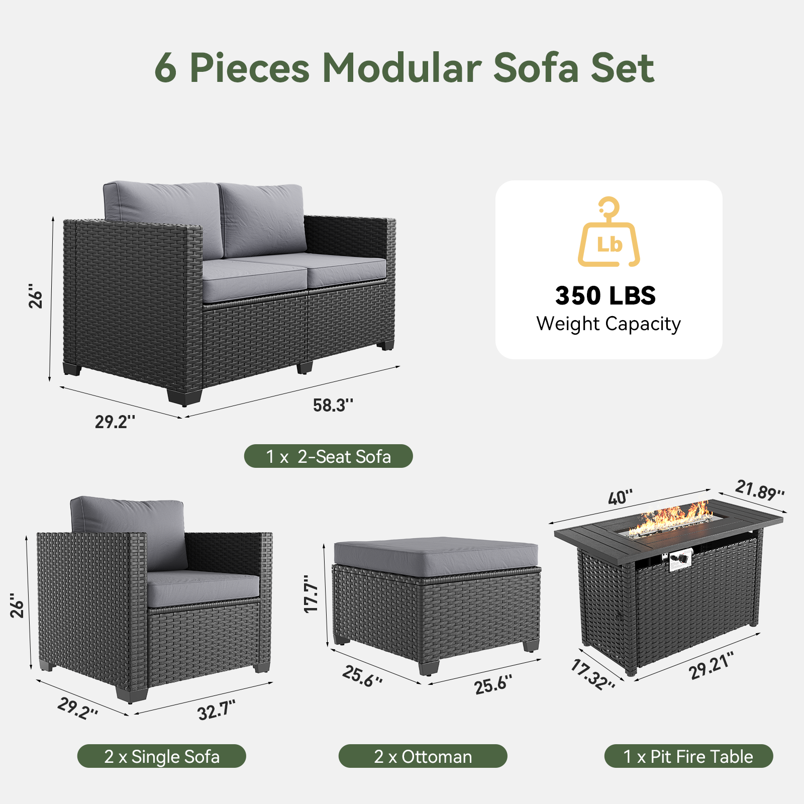 Aoxun Patio Furniture Set with Fire Pit Table, 6 Seats Outdoor Furniture Set with Wicker Ottomans, Rattan Outdoor Sectional Sofa with Thickened Cushion & Waterproof Cover Navy Blue