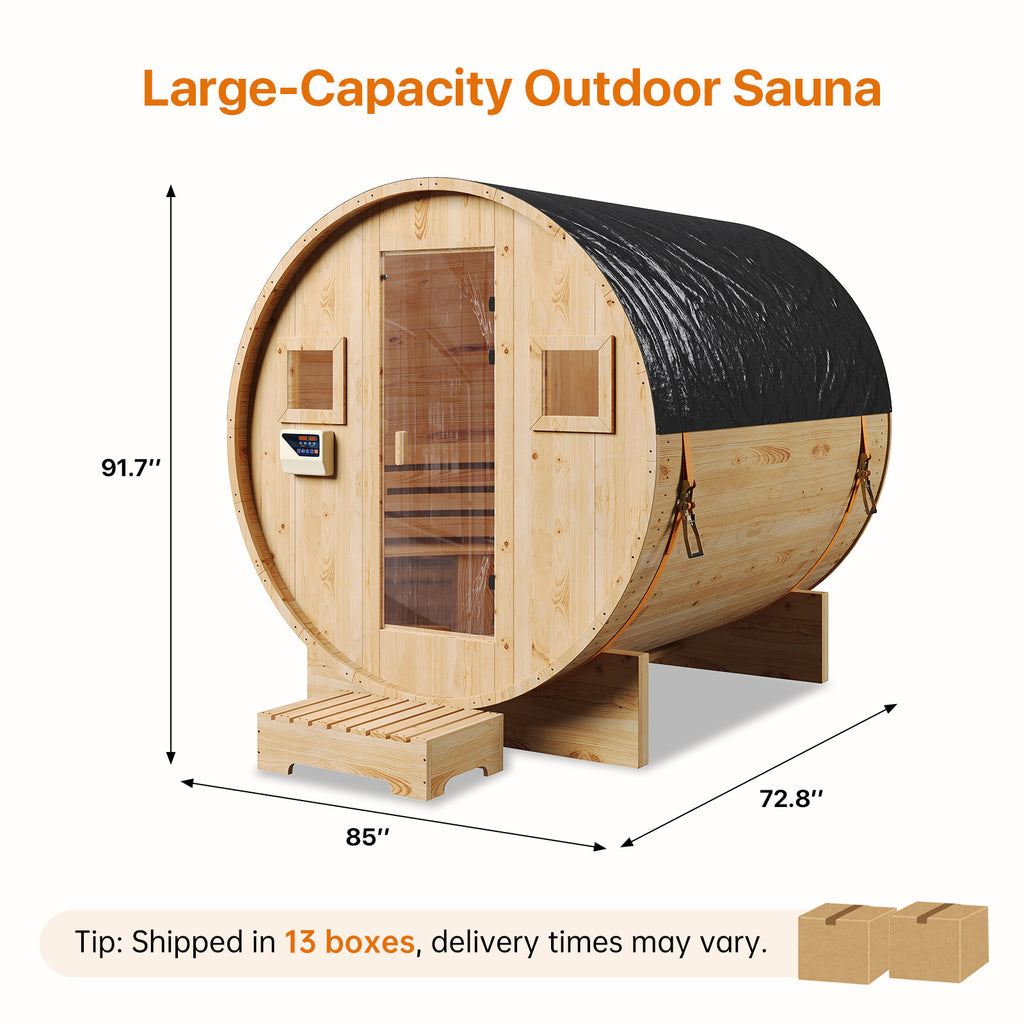 Aoxun Outdoor Barrel Sauna, 4-6 Person Tradition Wood Dry＆Steam Sauna with Sauna Stone, 220V/6KW Electric Heater