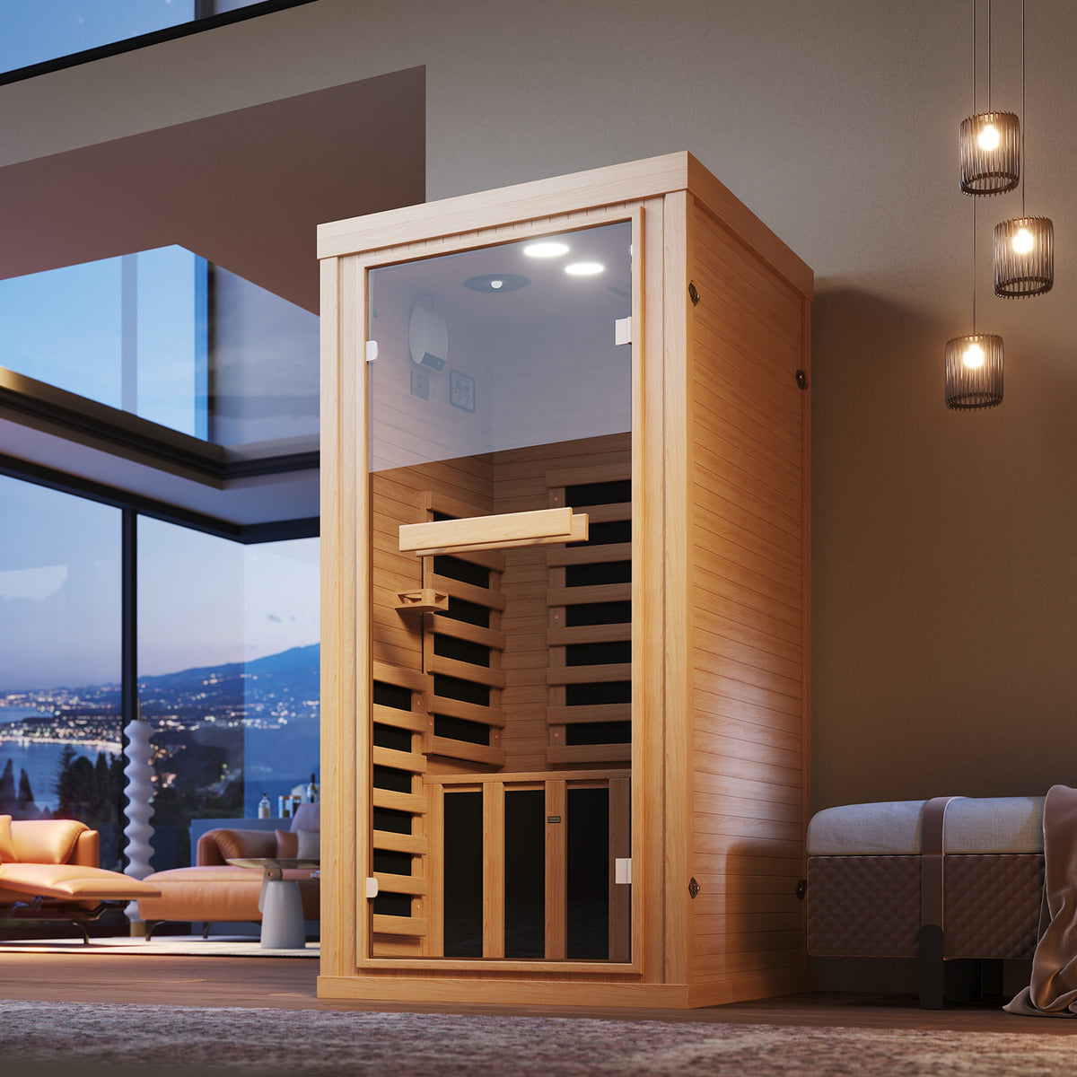 SunSwell Wood Infrared Sauna Room, 1 Person Traditonal Sauna with Red Light|Canadian Hemlock Indoor Dry Sauna Room for Low EMF with Bluetooth Speakers and Cup Holder