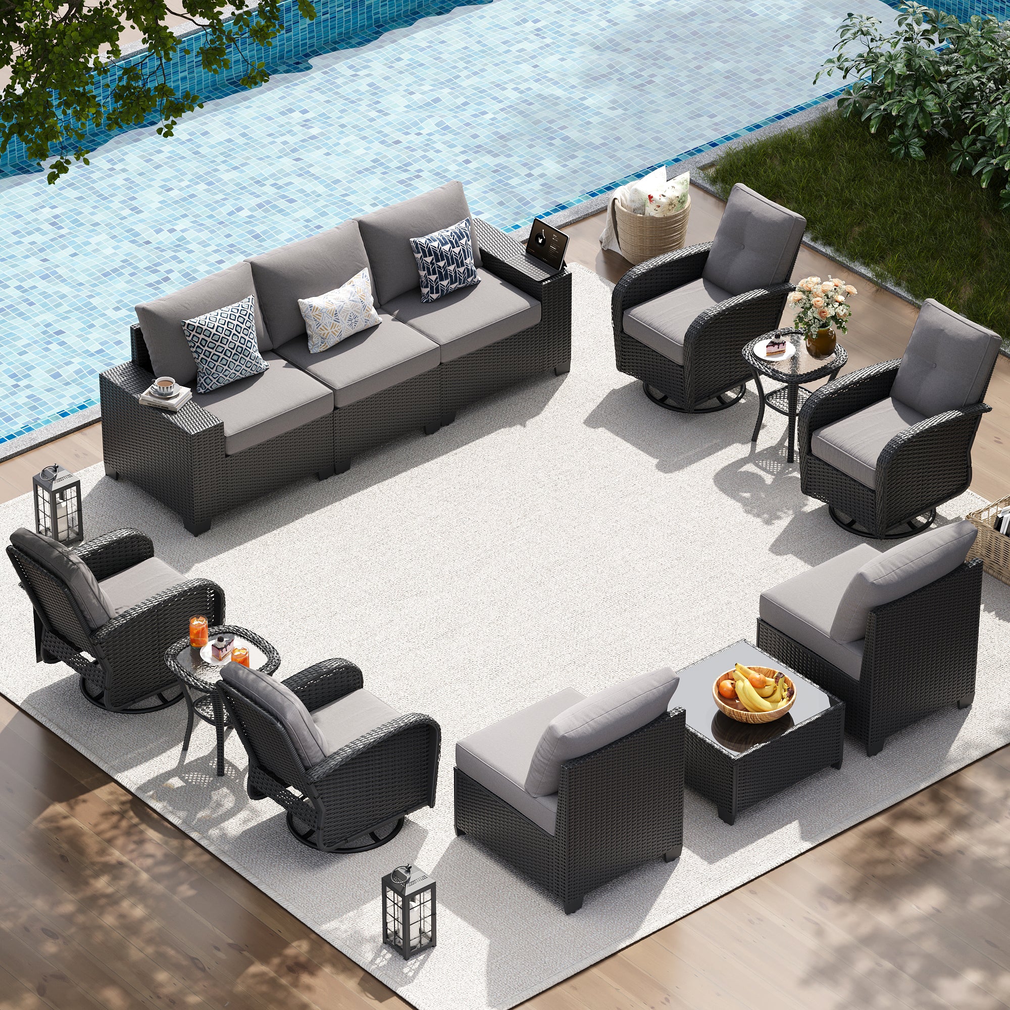 LazySunsets Patio Furniture Set, Outdoor Sectional All-Weather Wicker Conversation Set with Swivel Rocker Chairs, 4'' Thick Cushions for Backyard Poolside