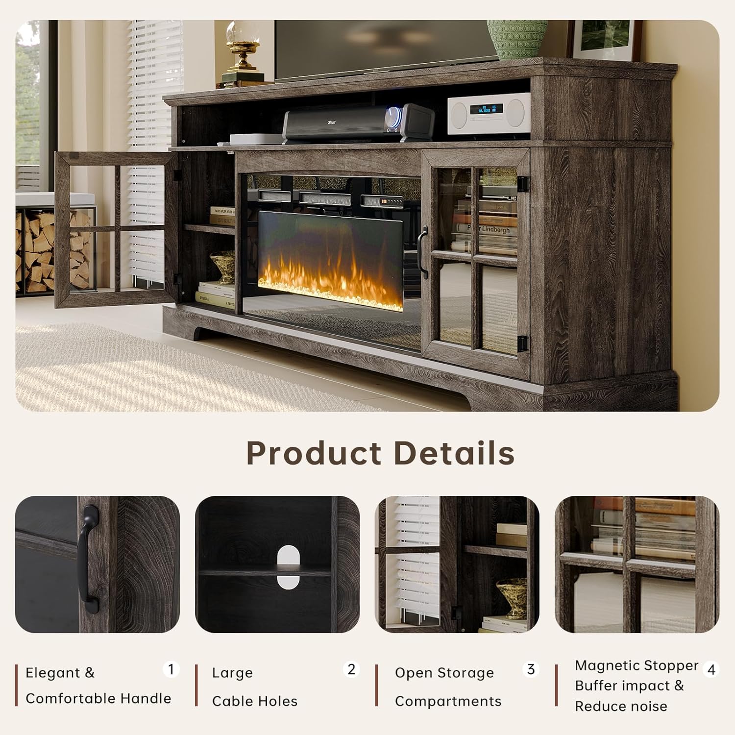 Nordivale 70" Fireplace TV Stand, Modern Entertainment Center for TVs Up to 80”, TV Console with Storage Cabinets, Media Console for Living Room, Gray...