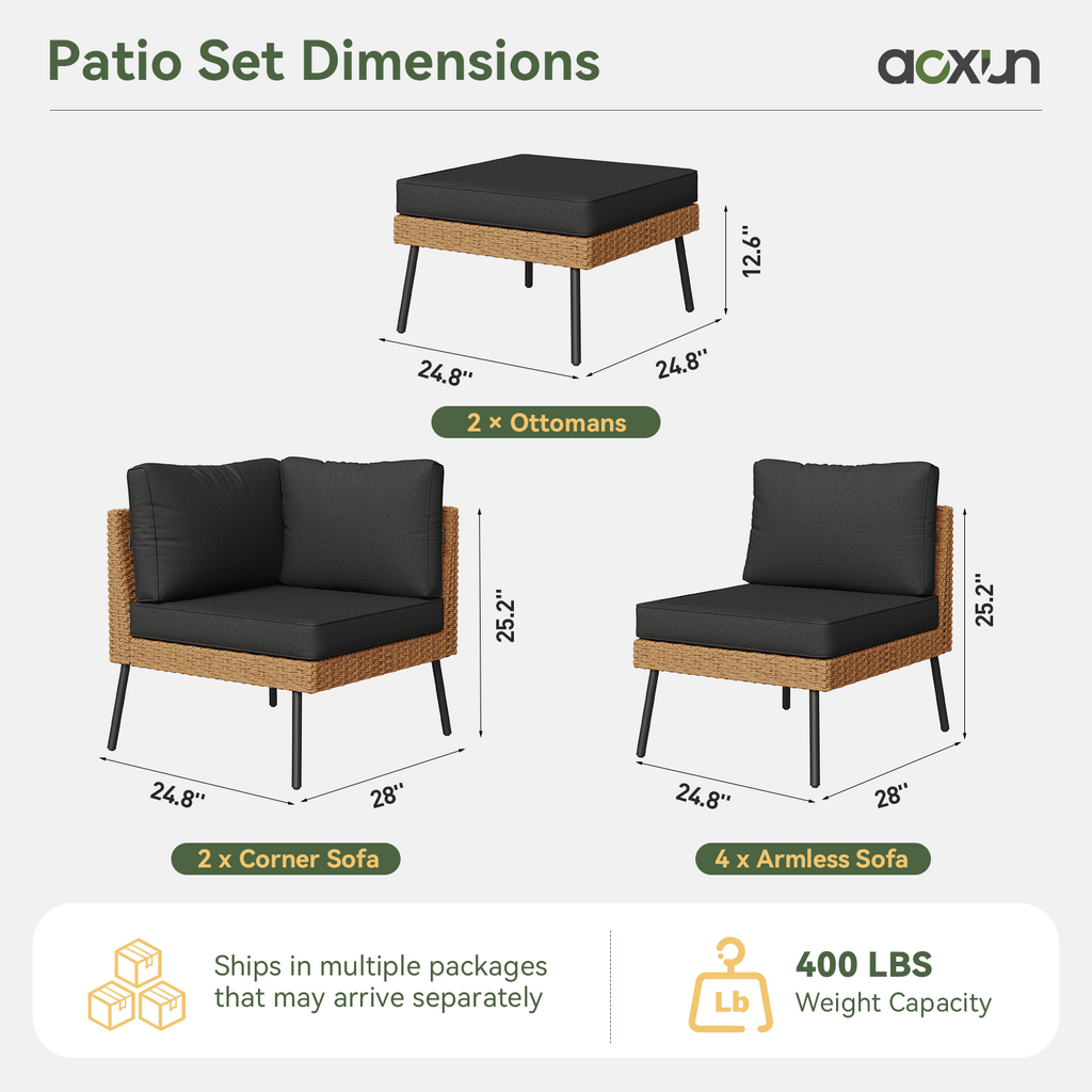 Aoxun 8 Piece Patio Furniture Set, 8 Seats Outdoor Sectional Sofas with Thick Cushion, Wicker Outdoor Patio Furniture Set with Ottomans for Party, Garden, Backyard