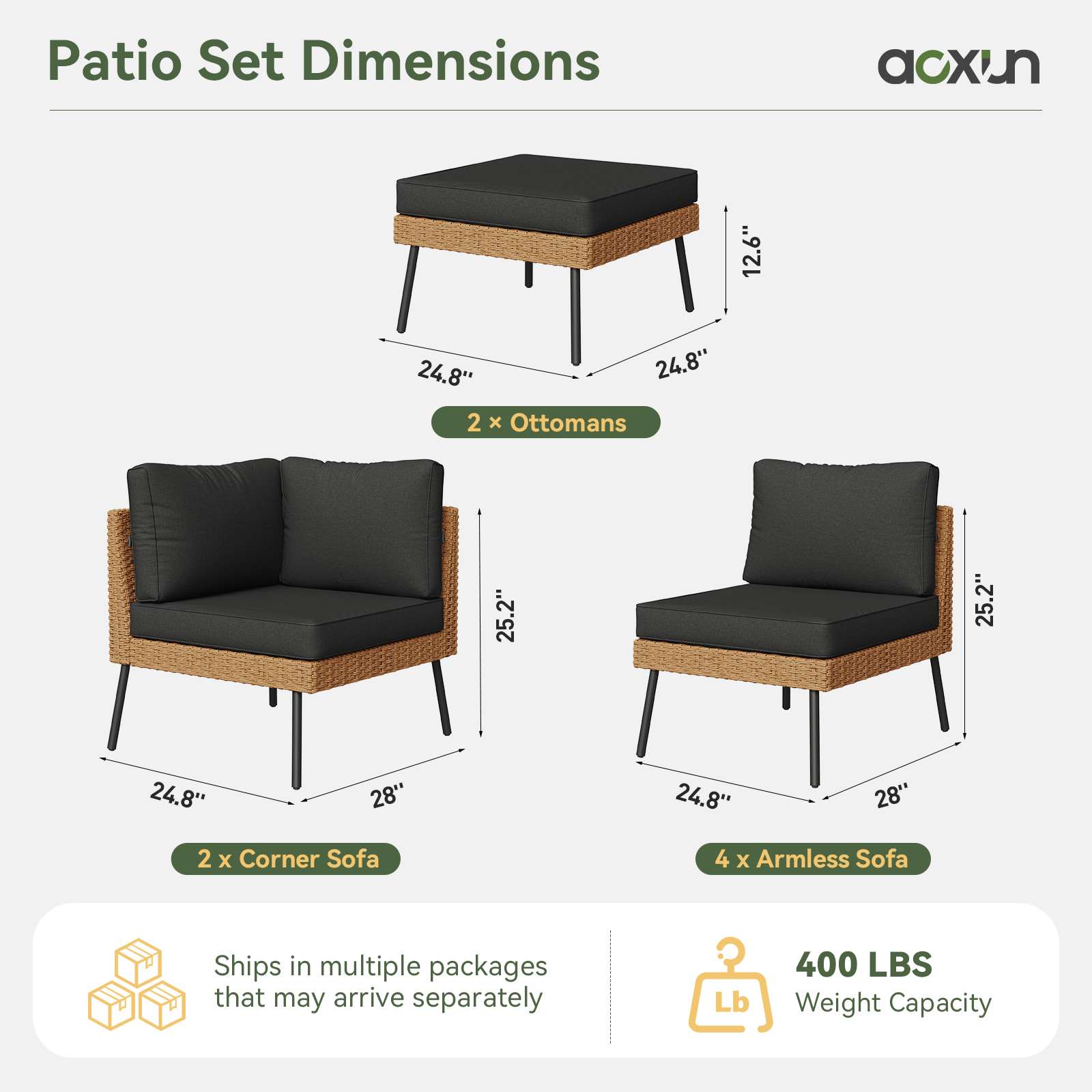 Aoxun 8 Piece Patio Furniture Set, 8 Seats Outdoor Sectional Sofas with Thick Cushion, Wicker Outdoor Patio Furniture Set with Ottomans for Party, Garden, Backyard