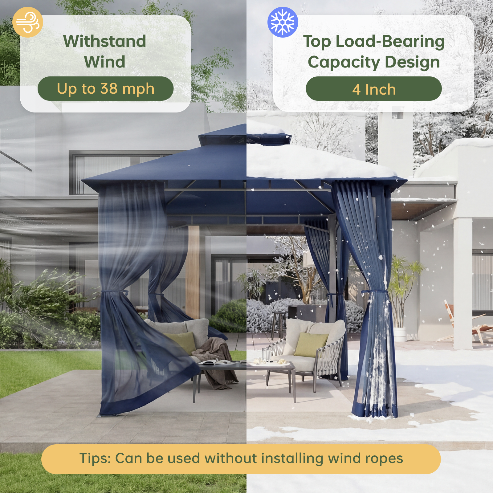 Aoxun 8x8 Gazebo with Double Roof & Mosquito Netting Outdoor Heavy-Duty Party Tent, Patio Tent with Zipper Screens - Backyard Garden Lawn Shelter Includes Wind Ropes Expansion Bolts, Blue