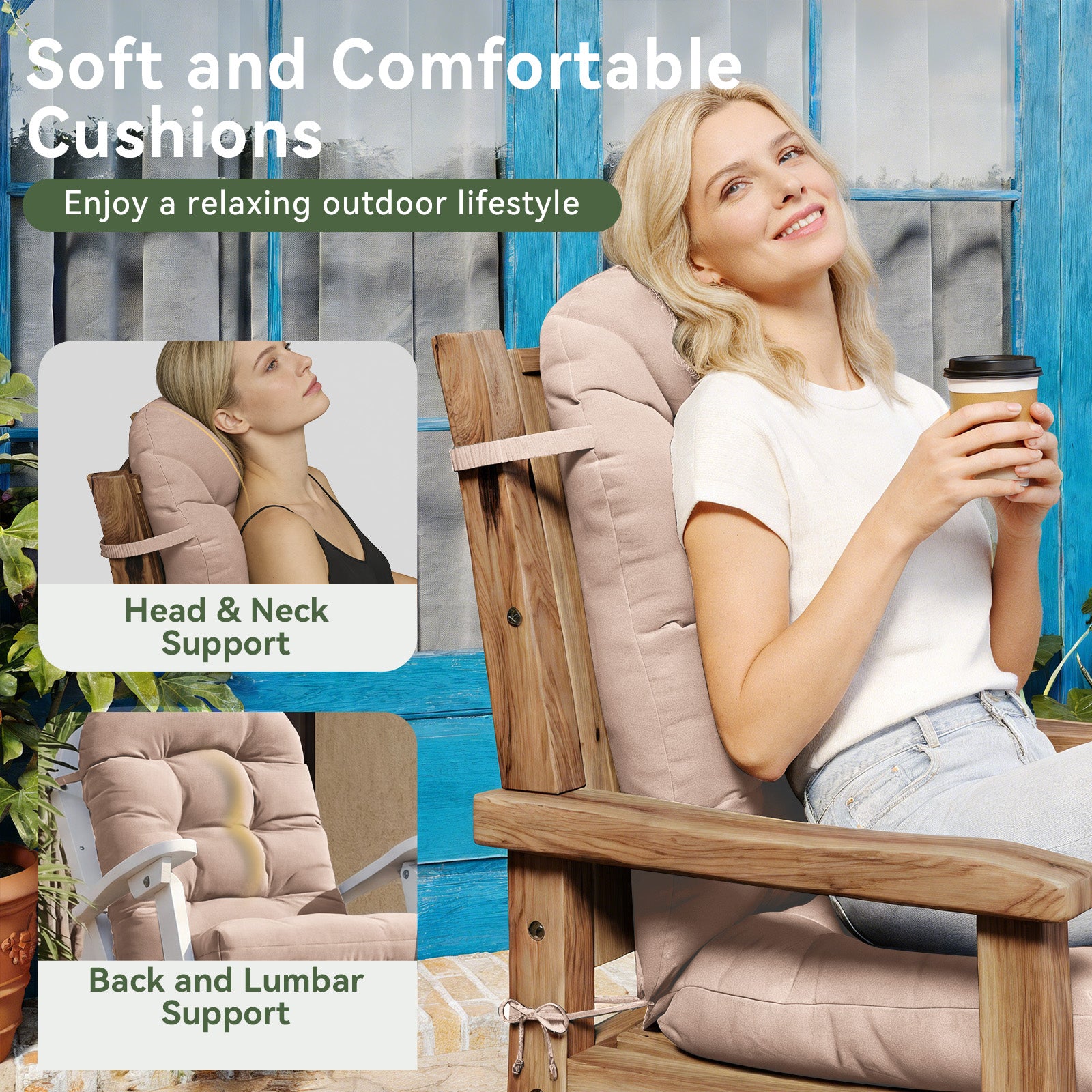 Aoxun Adirondack Chair Cushion, Indoor/Outdoor Rocking Chair Cushion with Ties, Thickened High Back Patio Chair Cushions with High Elasticity PP Cotton Water-Resistant, 2-Pack, Grey