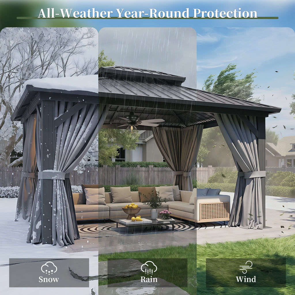 Aoxun 10'x12' Hardtop Gazebo with Handing Lights, Outdoor Gazebo with Galvanized Steel Double Roof, Patio Gazebo with Breathable Netting & Privacy Curtain, Decor Hooks for Backyard, Gray