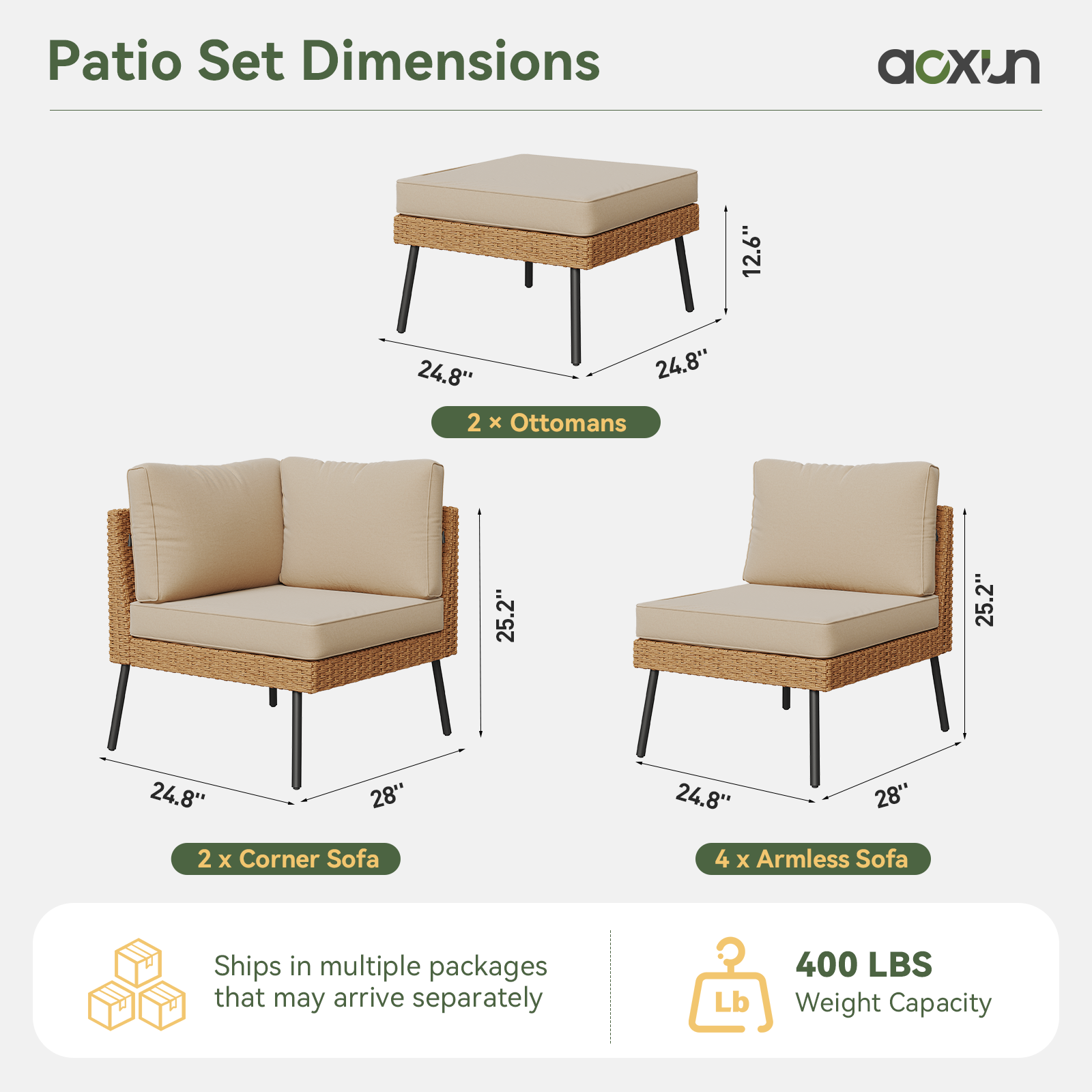 Aoxun 8 Piece Patio Furniture Set, 8 Seats Outdoor Sectional Sofas with Thick Cushion, Wicker Outdoor Patio Furniture Set with Ottomans for Party, Garden, Backyard
