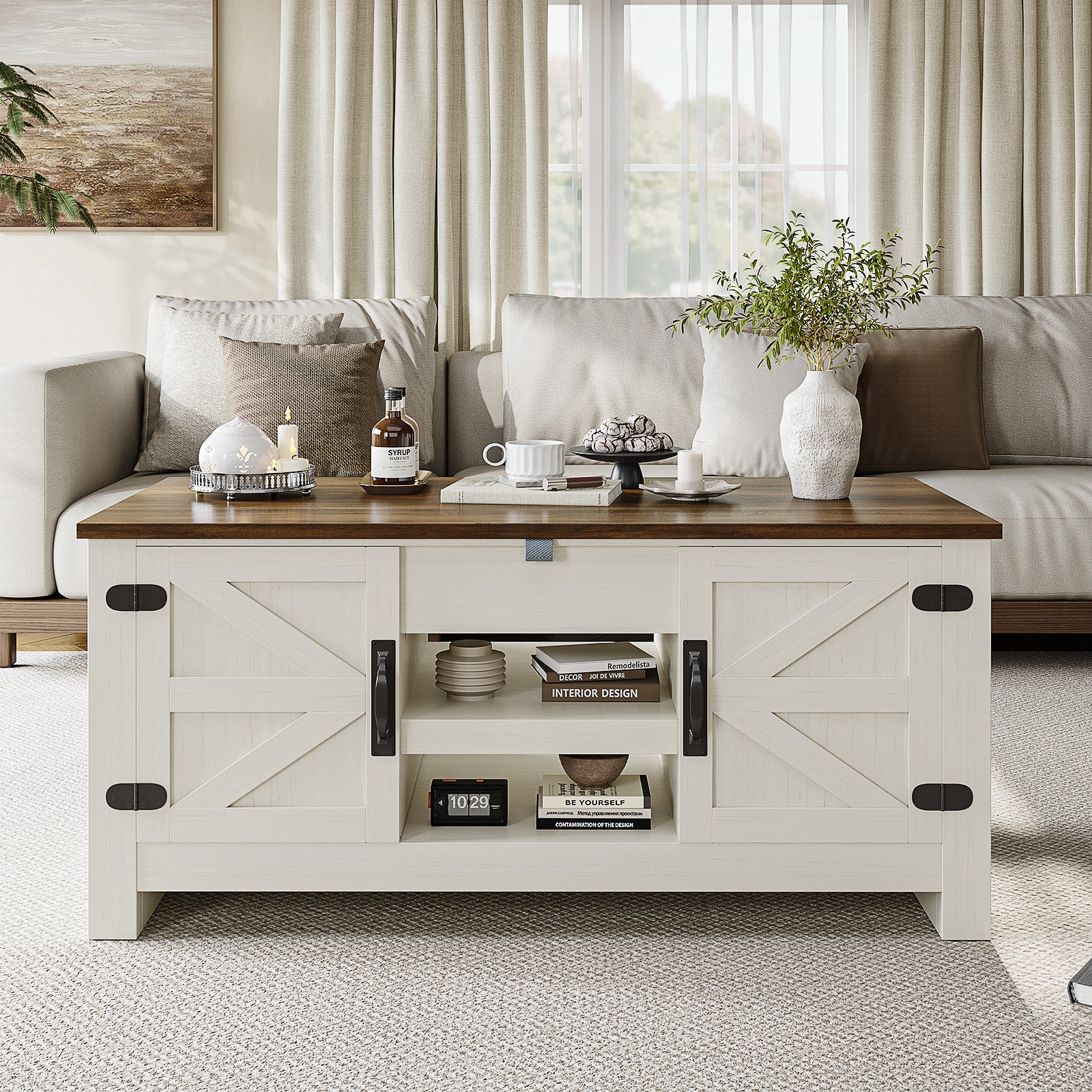 Breezestival Farmhouse Lift Top Coffee Table with Barn Door, 48" Rustic Center Table with Hidden Storage Compartment, Lifting Tabletop and Adjustable Shelf for Living Room, Office, White