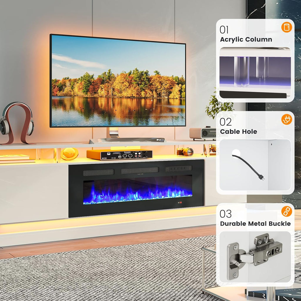 Breezestival 70" Fireplace TV Stand for TVs up to 80", Modern Entertainment Center with Black Fireplace and Storage, White