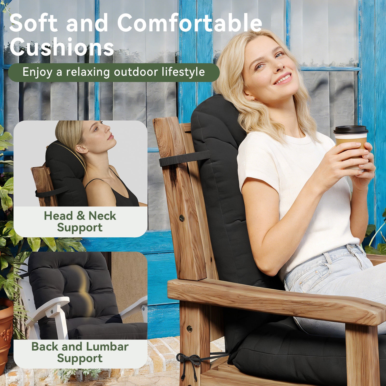 Aoxun Adirondack Chair Cushion, Indoor/Outdoor Rocking Chair Cushion with Ties, Thickened High Back Patio Chair Cushions with High Elasticity PP Cotton Water-Resistant, 2-Pack, Grey
