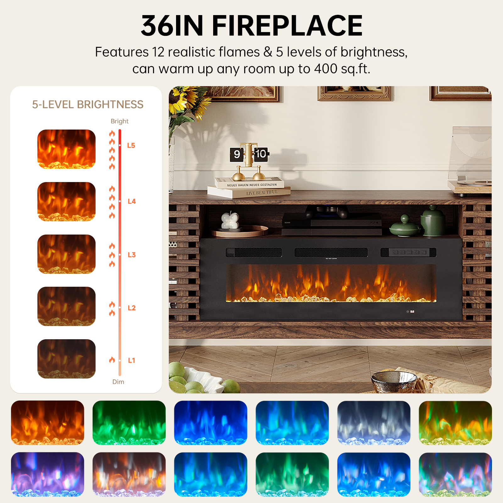 Fireplace TV Stand for 80” TVs, Mid Century Modern Entertainment Center with 36" Electric Fireplace and Led Lights, Wood Media Console with Slatted Sliding Doors, for Living Room, Walnut