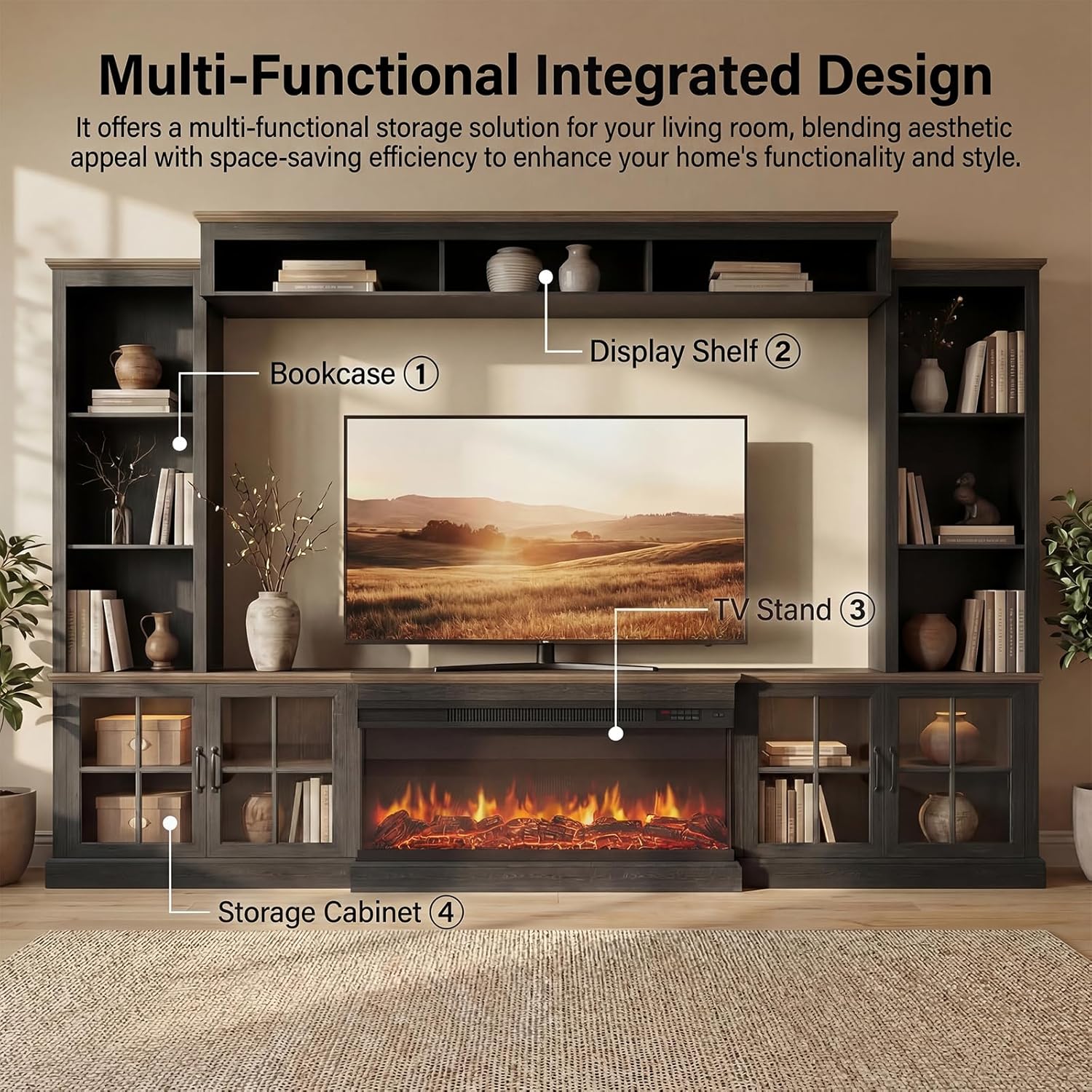 Breezestival Black Farmhouse TV Stand with Fireplace, Entertainment Center, 98" Wall Unit Media Console with Bookshelf, Cabinet &amp; Power Outlets &amp; Barn Doors, Fits TVs Up to 75” for Living Room