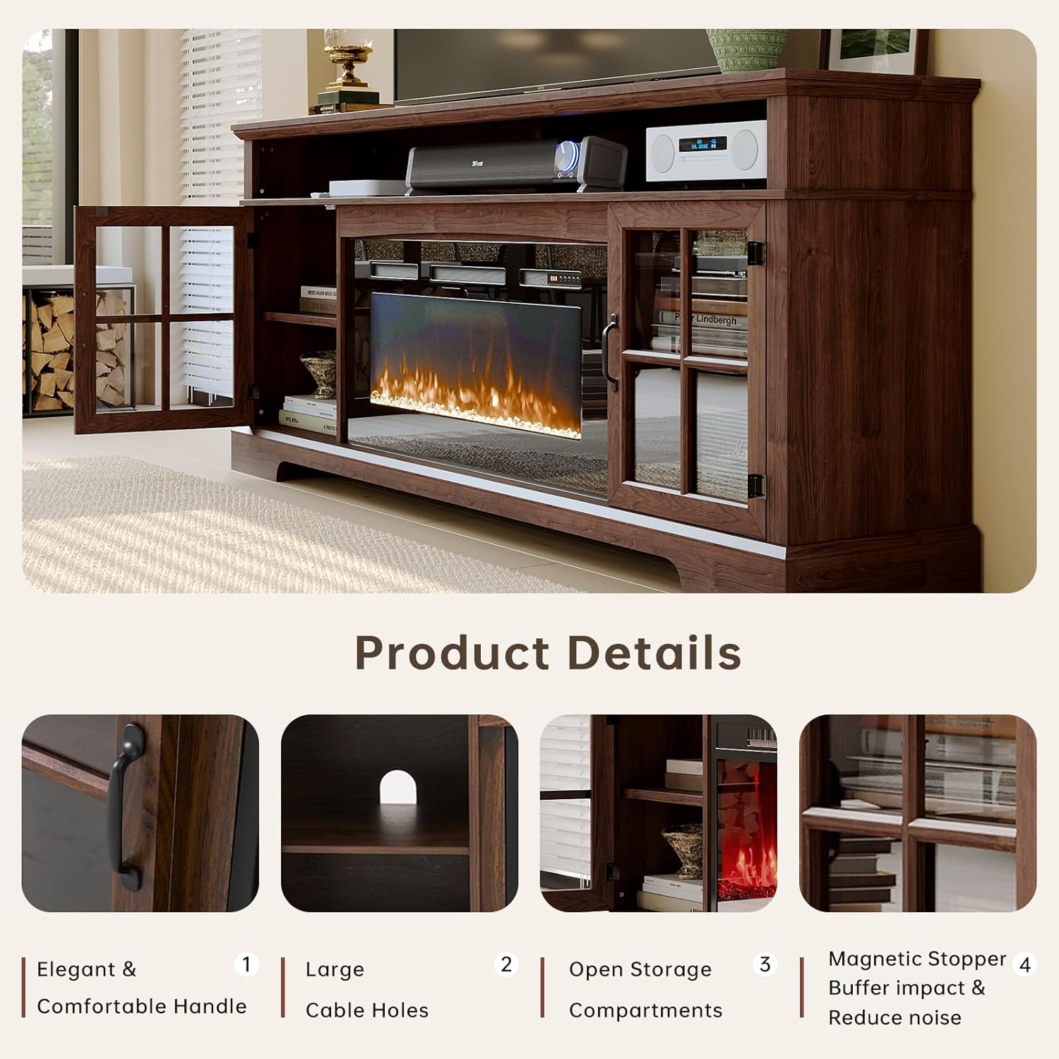 Nordivale 70" Fireplace TV Stand, Modern Entertainment Center for TVs Up to 80”, TV Console with Storage Cabinets, Media Console for Living Room, Brown TV Stand and Black Fireplace