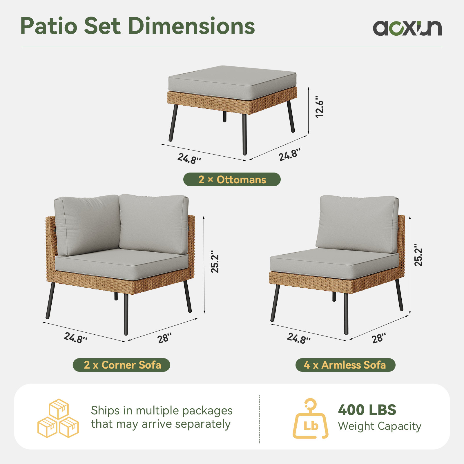 Aoxun 8 Piece Patio Furniture Set, 8 Seats Outdoor Sectional Sofas with Thick Cushion, Wicker Outdoor Patio Furniture Set with Ottomans for Party, Garden, Backyard