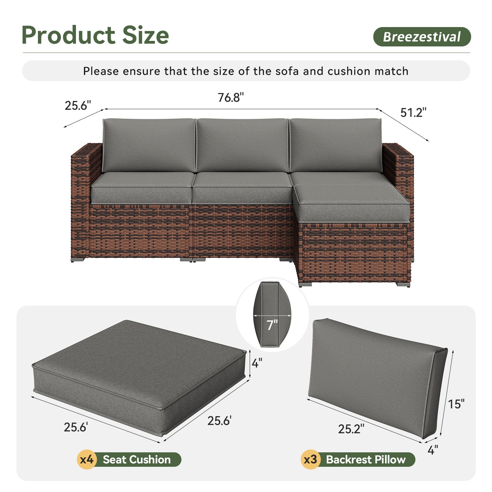 Breezestival Replacement Cushions for Outdoor Furniture, 7-Piece Outdoor Cushions for Patio Furniture, Deep Seat, Waterproof & Fade Resistant Couch Cushion for 4-Seat Patio Conversation Sets, Grey