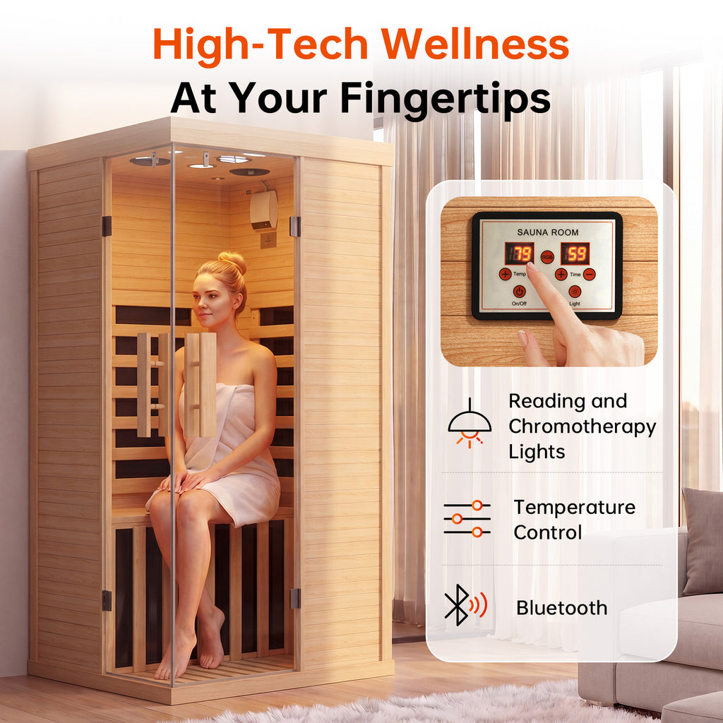 Aoxun Infrared Sauna for Home, 1 Person Indoor Dry Sauna Room, Hemlock, Chromotherapy Light, Low EMF Far Infrared, Blutooth Speakers