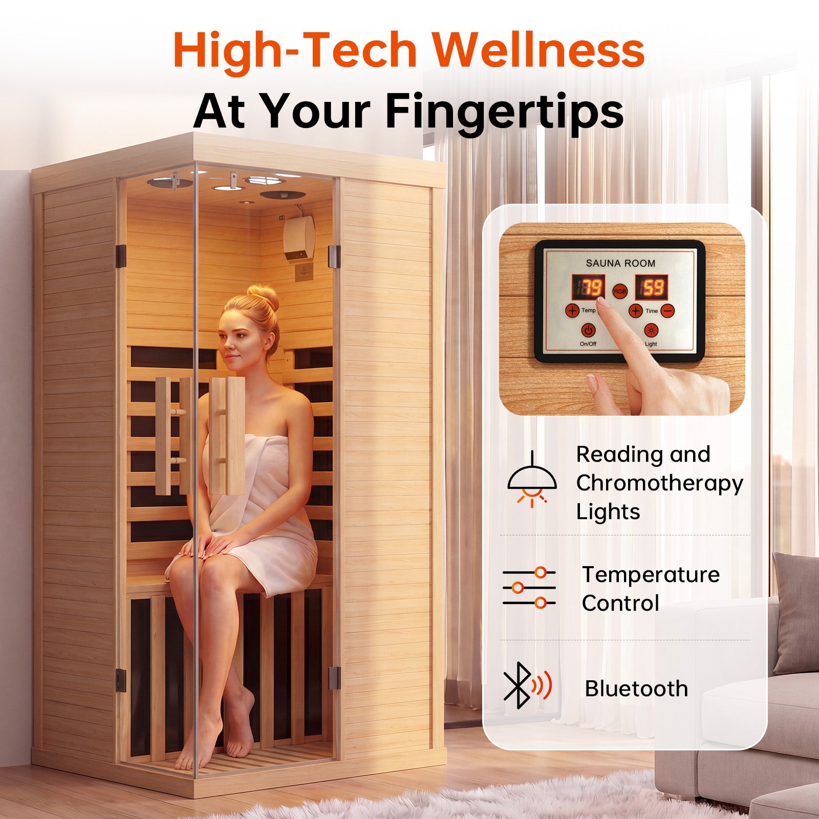 Aoxun Infrared Sauna for Home, 1 Person Indoor Dry Sauna Room, Hemlock, Chromotherapy Light, Low EMF Far Infrared, Blutooth Speakers