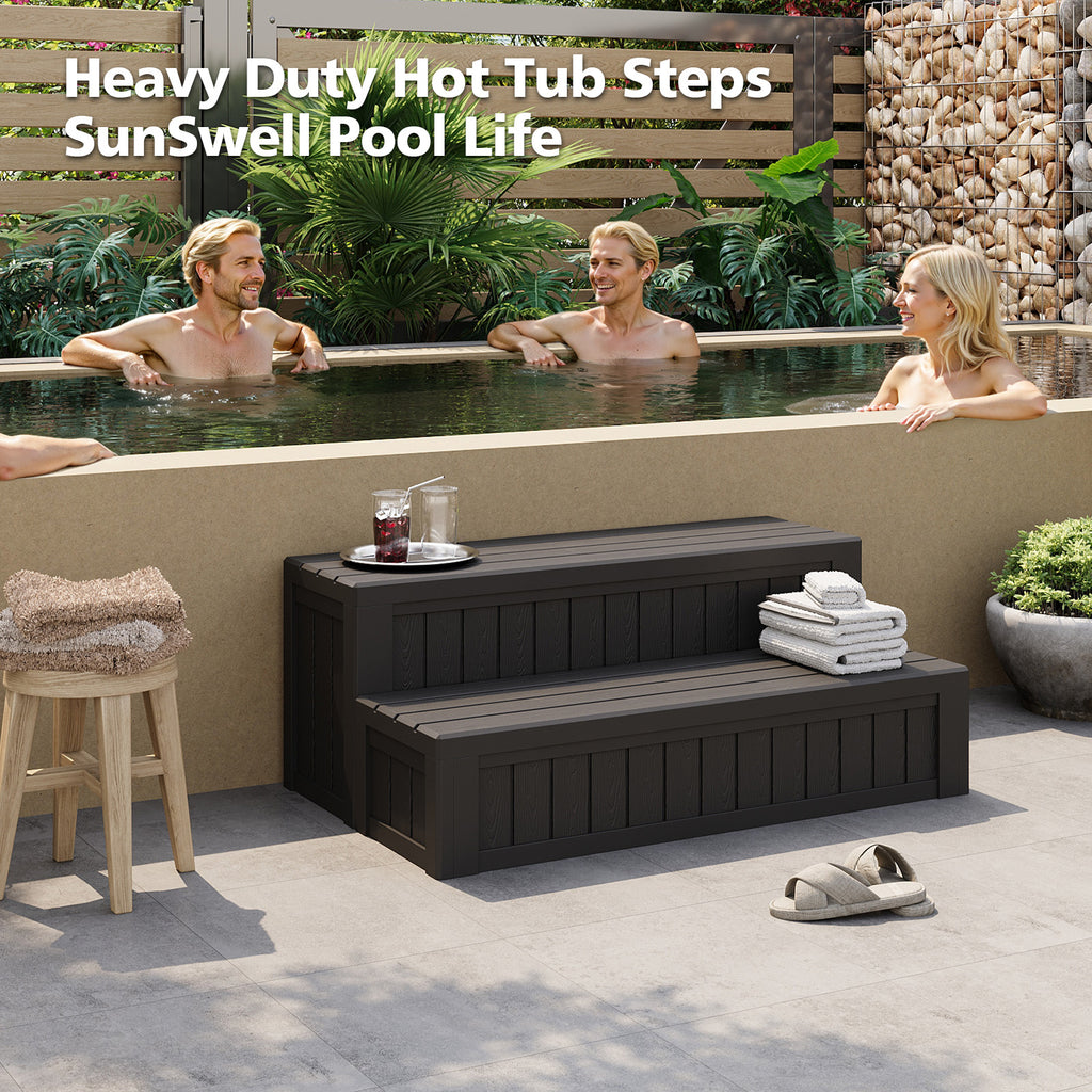 SunSwell Universal Hot Tub Steps Outdoor Spa Stairs with Storage Compartment, Non-Slip Sturdy Waterproof Heavy Duty Porch Step, Wood Looking Indoor Outdoor Use, 600LBS Weight Capacity
