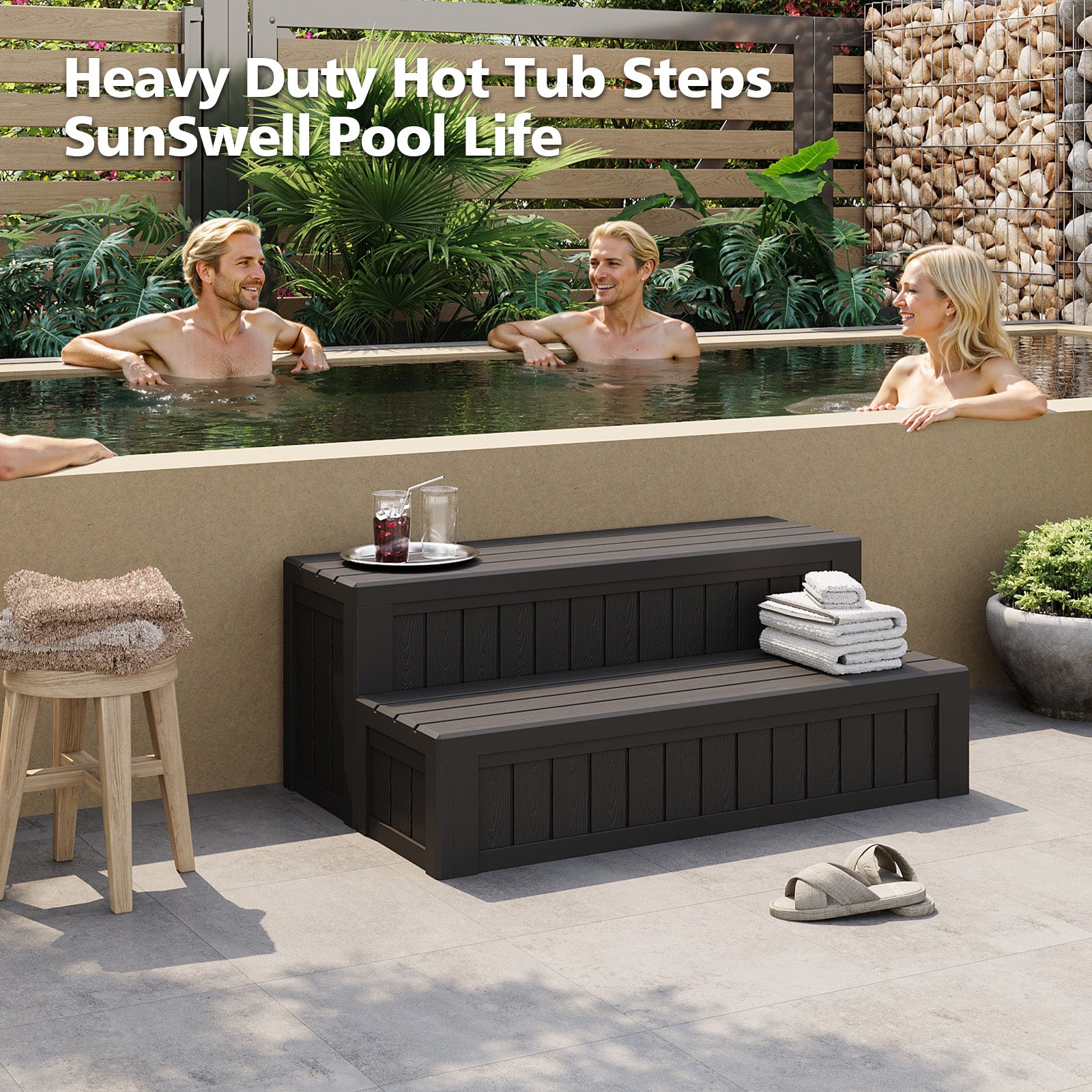 SunSwell Universal Hot Tub Steps Outdoor Spa Stairs with Storage Compartment, Non-Slip Sturdy Waterproof Heavy Duty Porch Step, Wood Looking Indoor Outdoor Use, 600LBS Weight Capacity