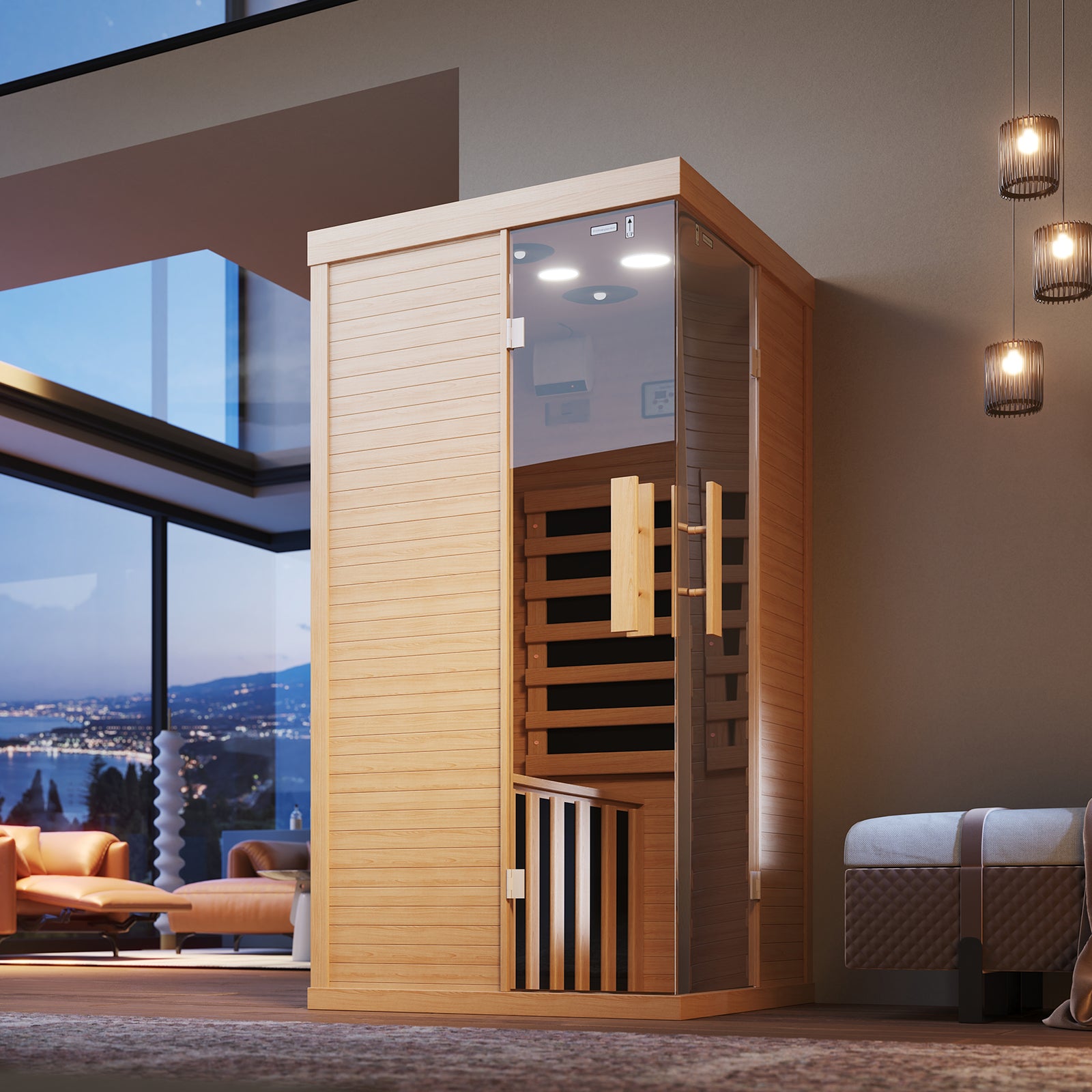 SunSwell  1 Person Home Infrared Saunas with Control Panel,10 Chromotherapy, Bluetooth Speakers, Low EMF Wooden Indoor Sauna for House and Gym,33.4 * 33.4 * 66.9 inch