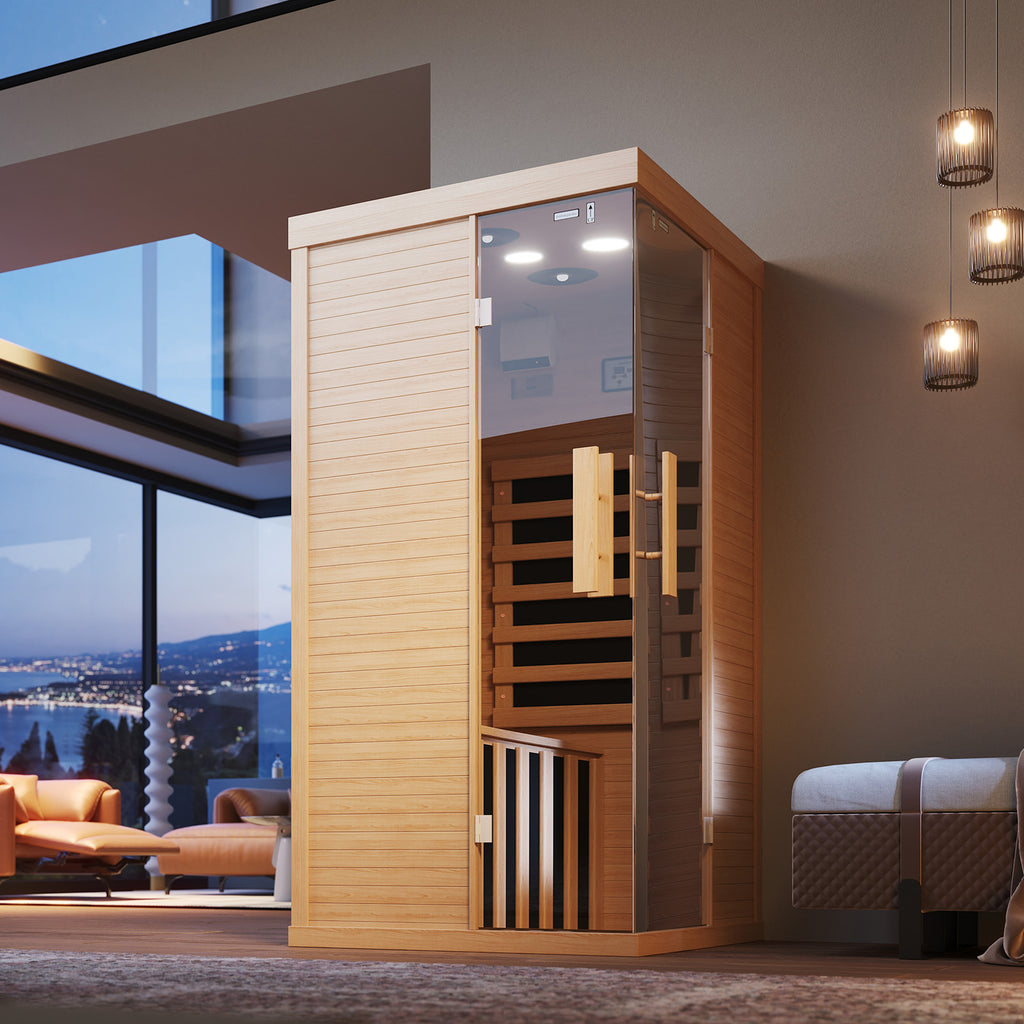 SunSwell Wood Infrared Sauna,1 Person Traditonal Sauna with Red Light|Canadian Hemlock Indoor Dry Sauna Room for Low EMF with Bluetooth Speakers and Cup Holder