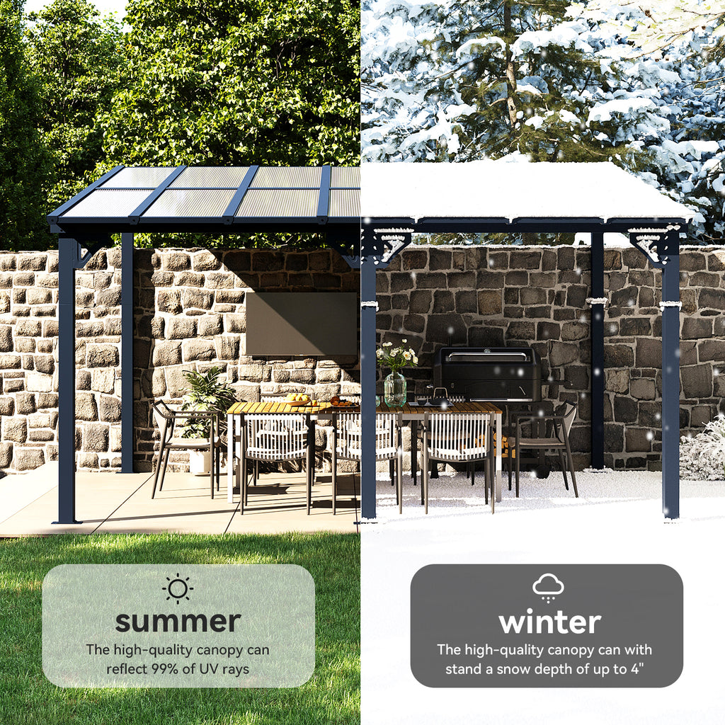 BinpLax 14x10 Lean to Gazebo with Polycarbonate Panel Wall Mounted Gazebo with Aluminum Top Frame Awing for Patio, Deck, Garden