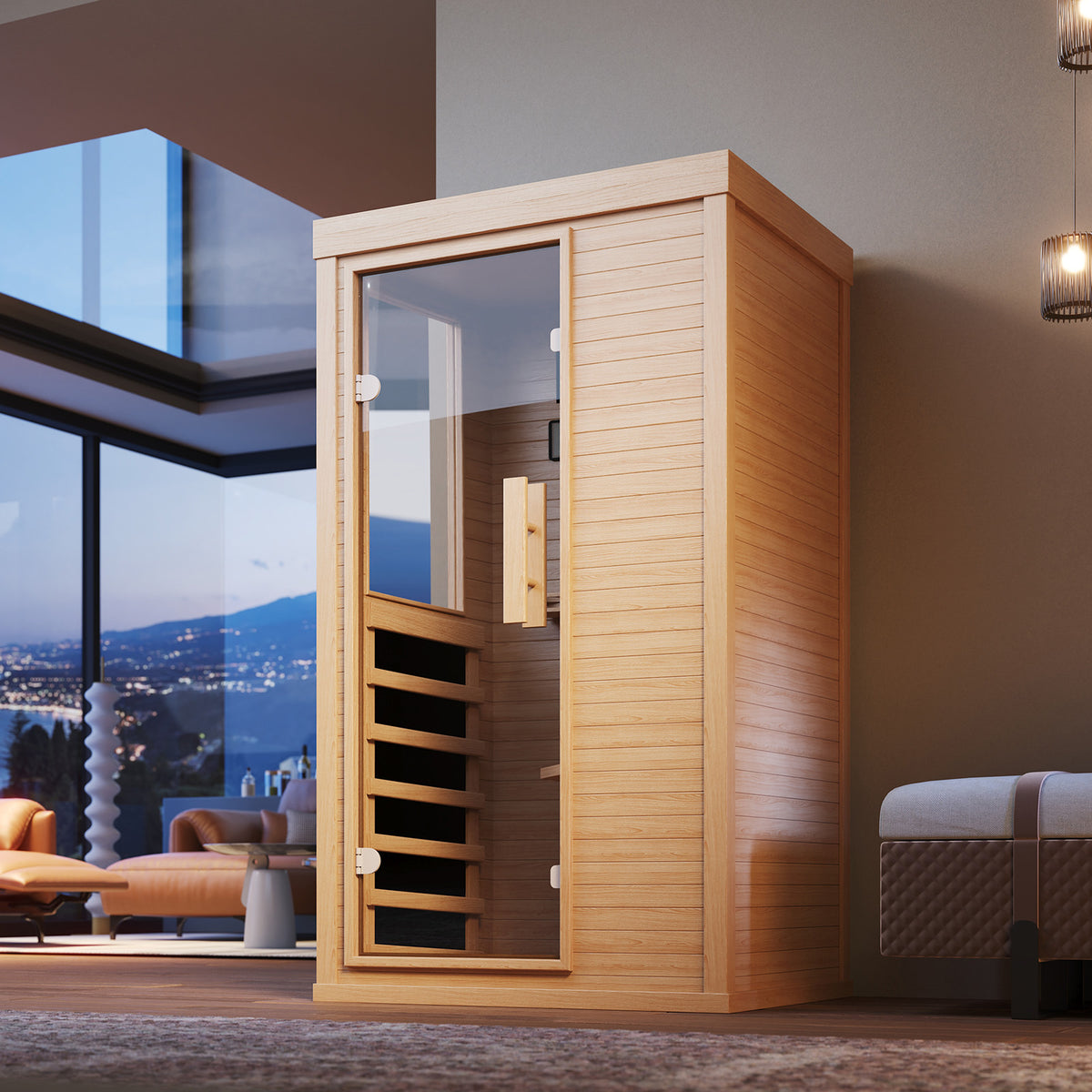 SunSwell Wood Infrared Sauna,1 Person Traditonal Sauna with Reading Light|Canadian Hemlock Indoor Dry Sauna Room for Low EMF with Bluetooth Speakers and Cup Holder，32.7"x 27.5"x 59.5"