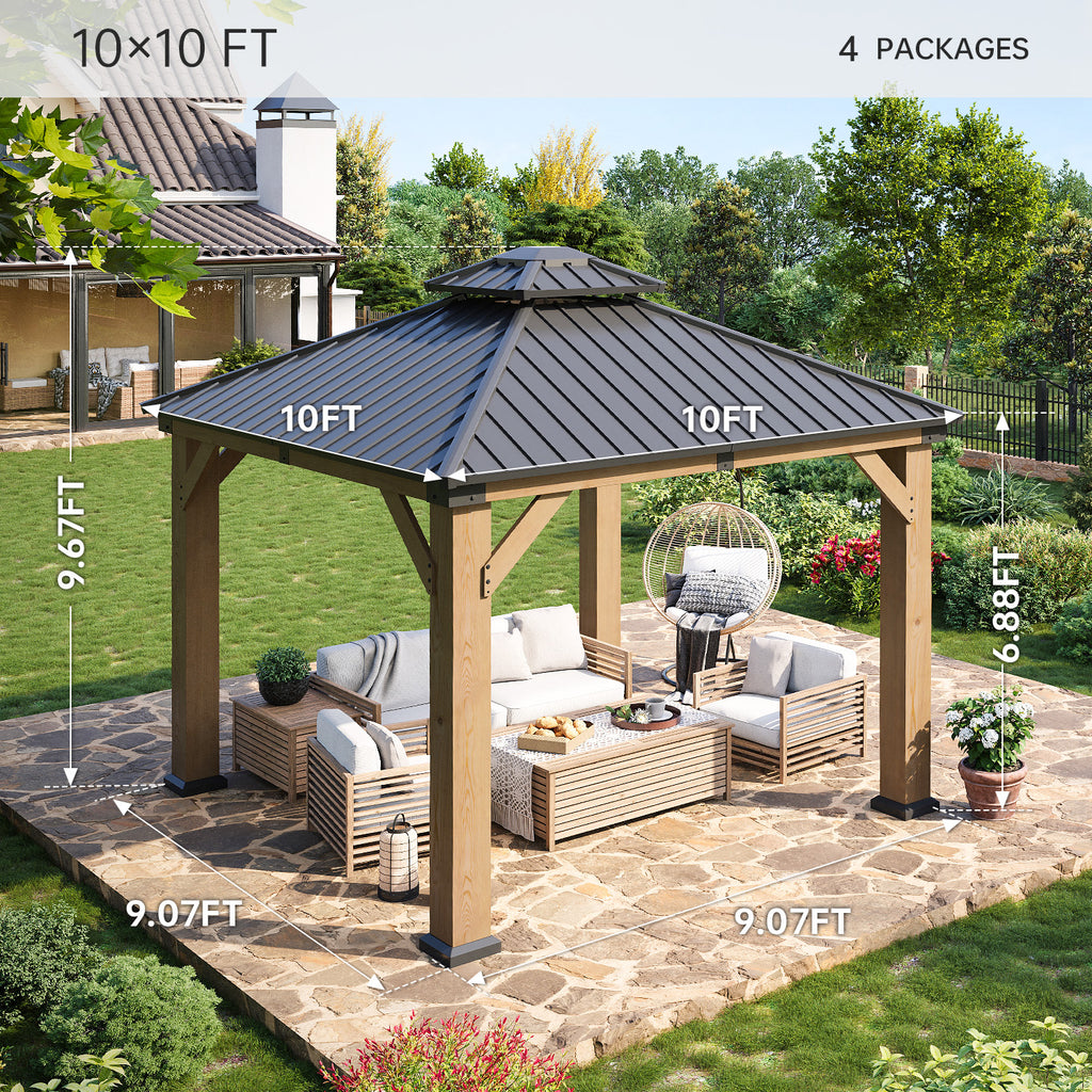 LET’S PATIO  Outdoor Double Roof Wood Gazebo, Hardtop Gazebo Permanent Wooden Pavilion with Galvanized Steel Double Top, for Patio, Garden, Deck