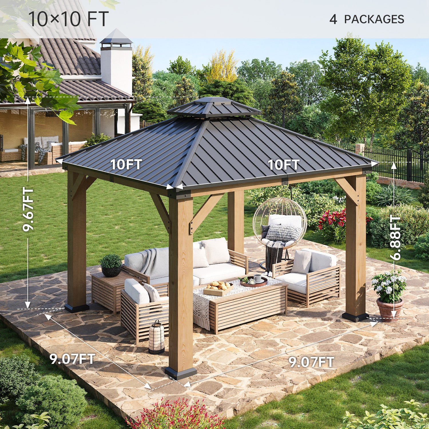 LET’S PATIO  Outdoor Double Roof Wood Gazebo, Hardtop Gazebo Permanent Wooden Pavilion with Galvanized Steel Double Top, for Patio, Garden, Deck