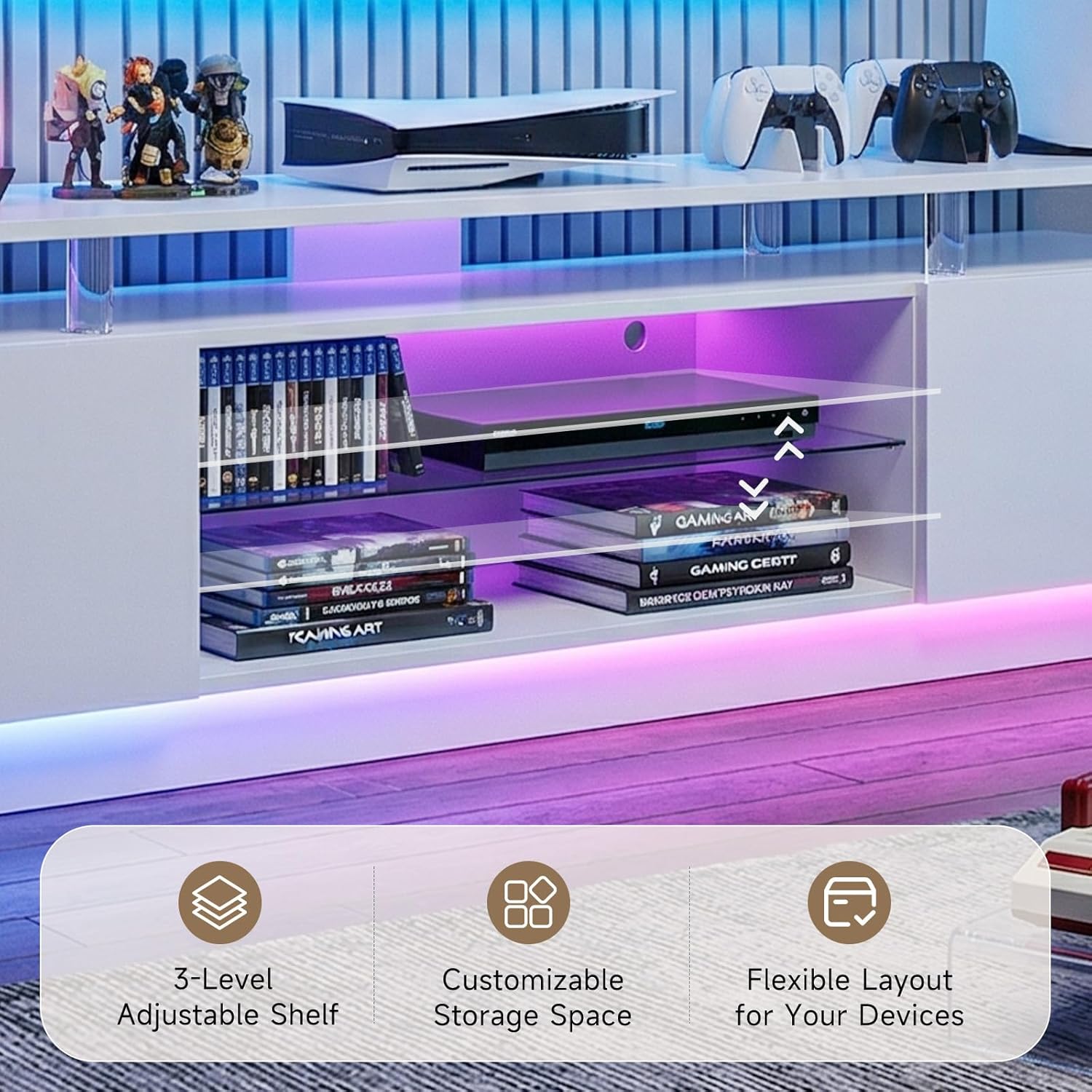 Breezestival 70 Inch High-Glossy TV Stand with 2 Side Cabinets, Modern Stylish TV Console with 3 Layer LED Lights,Modern Entertainment Center with Adjustable Glass Shelf, Remote&APP Control, White