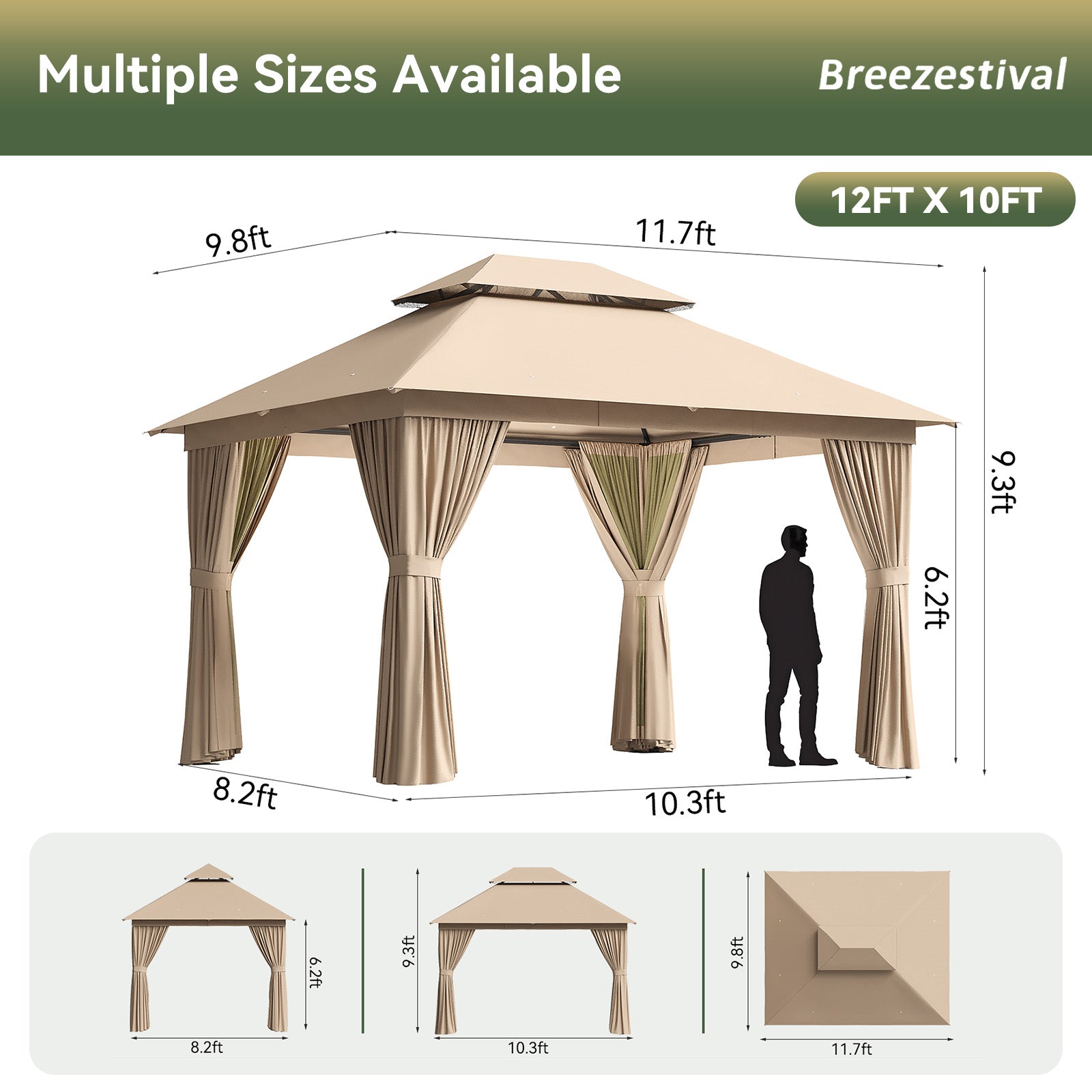 Breezestival 12'x10' Gazebo, Outdoor Gazebo Metal Frame Canopy with Double Roofs, Heavy Duty Patio Tent Shelter with Mosquito Netting and Privacy Screen for Backyard, Beige